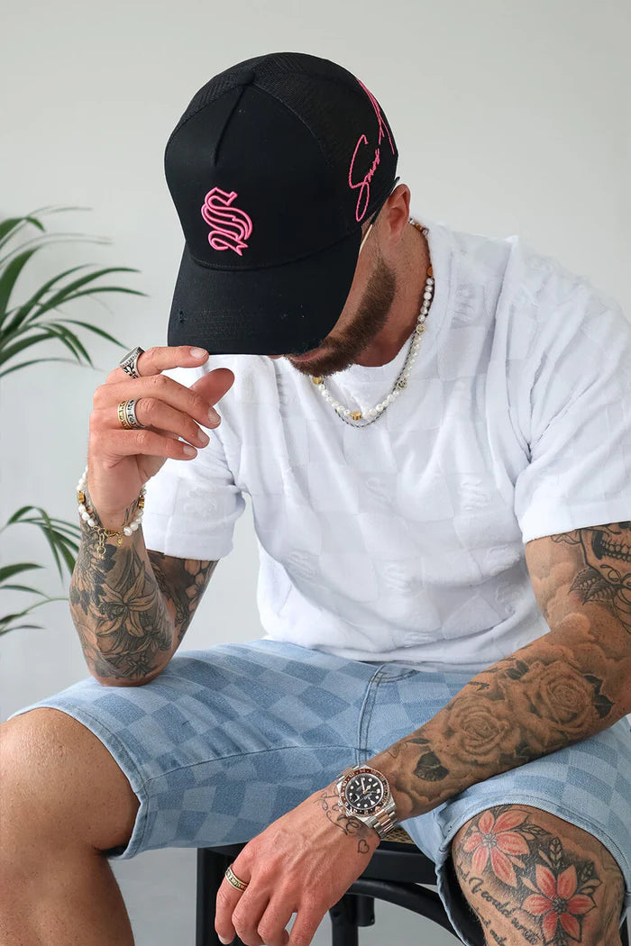 Distressed Trucker Hat - Black/Neon Pink