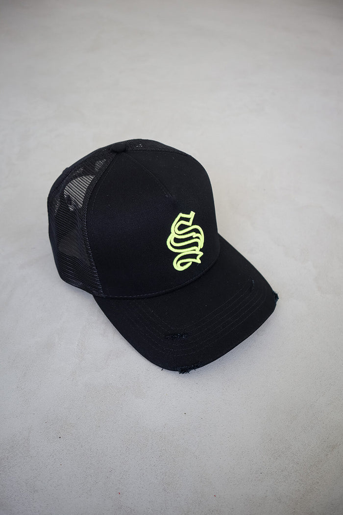 Distressed Trucker Hat - Black/Neon Yellow