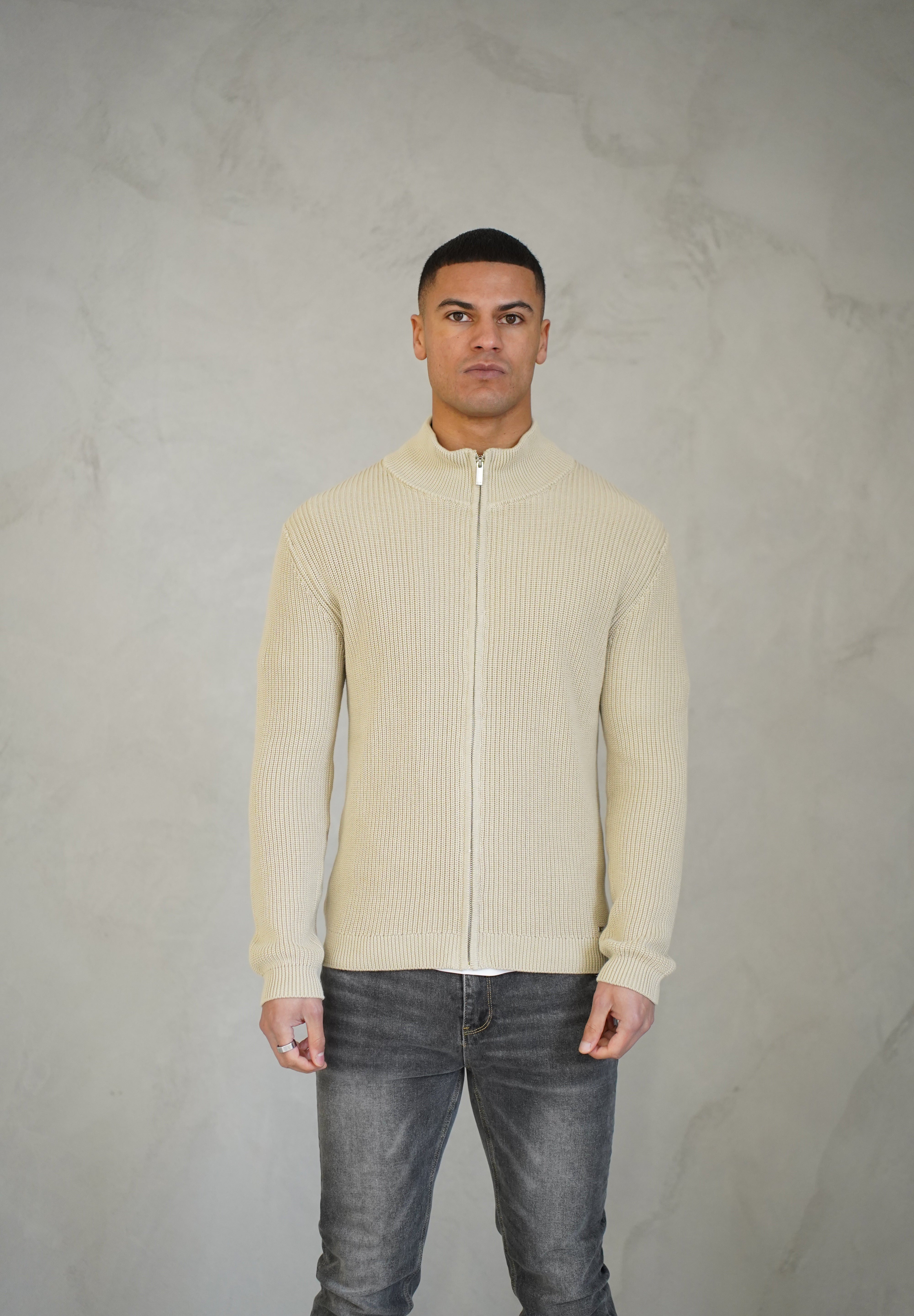 Capo Ribbed Full Zip Jumper - Stone