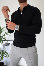 Capo Egyptian Cotton LS Zip Polo Shirt - Black