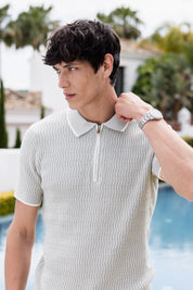 Capo Egyptian Cotton Zigzag SS Zip Polo Shirt - Stone