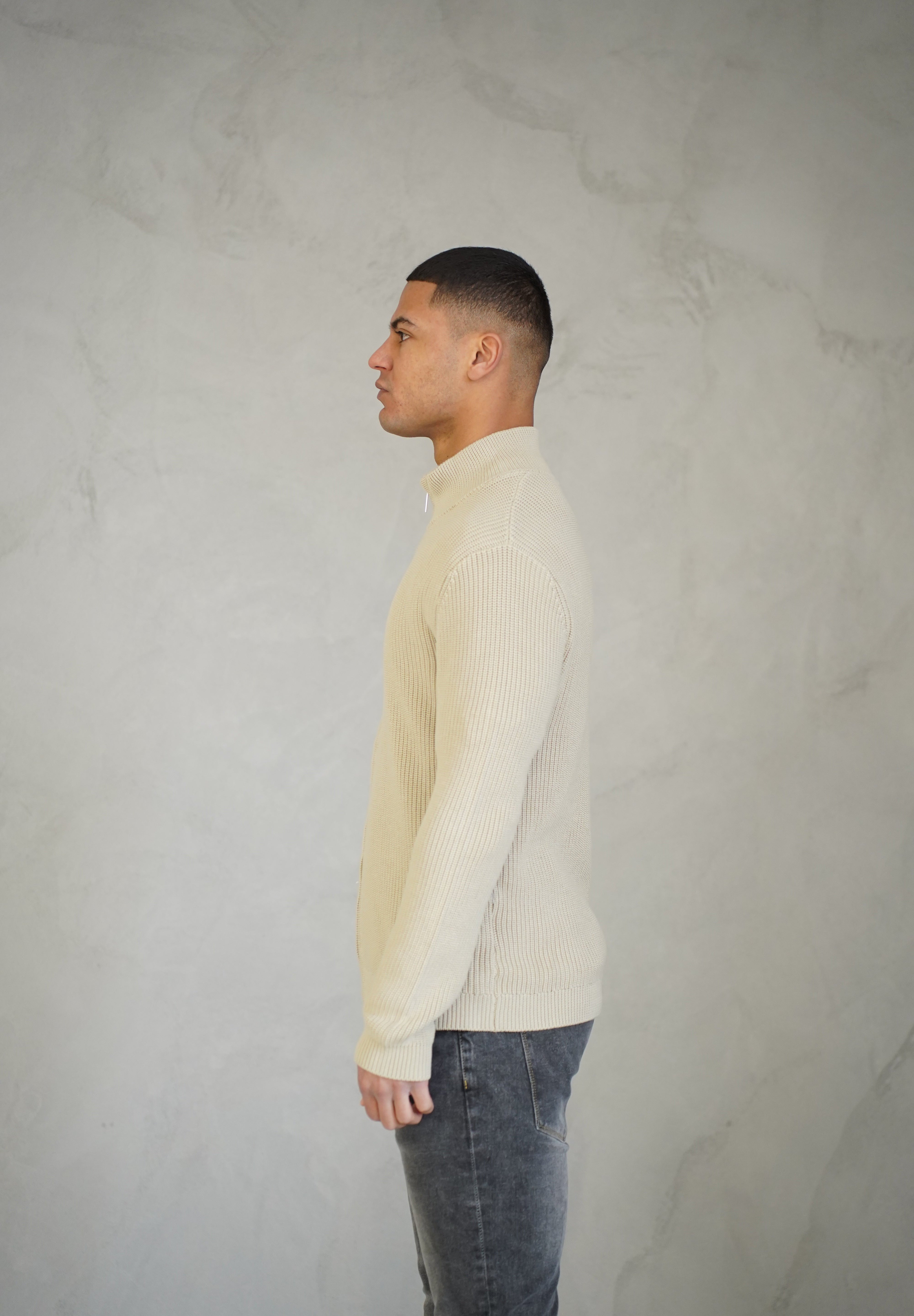 Capo Ribbed Full Zip Jumper - Stone