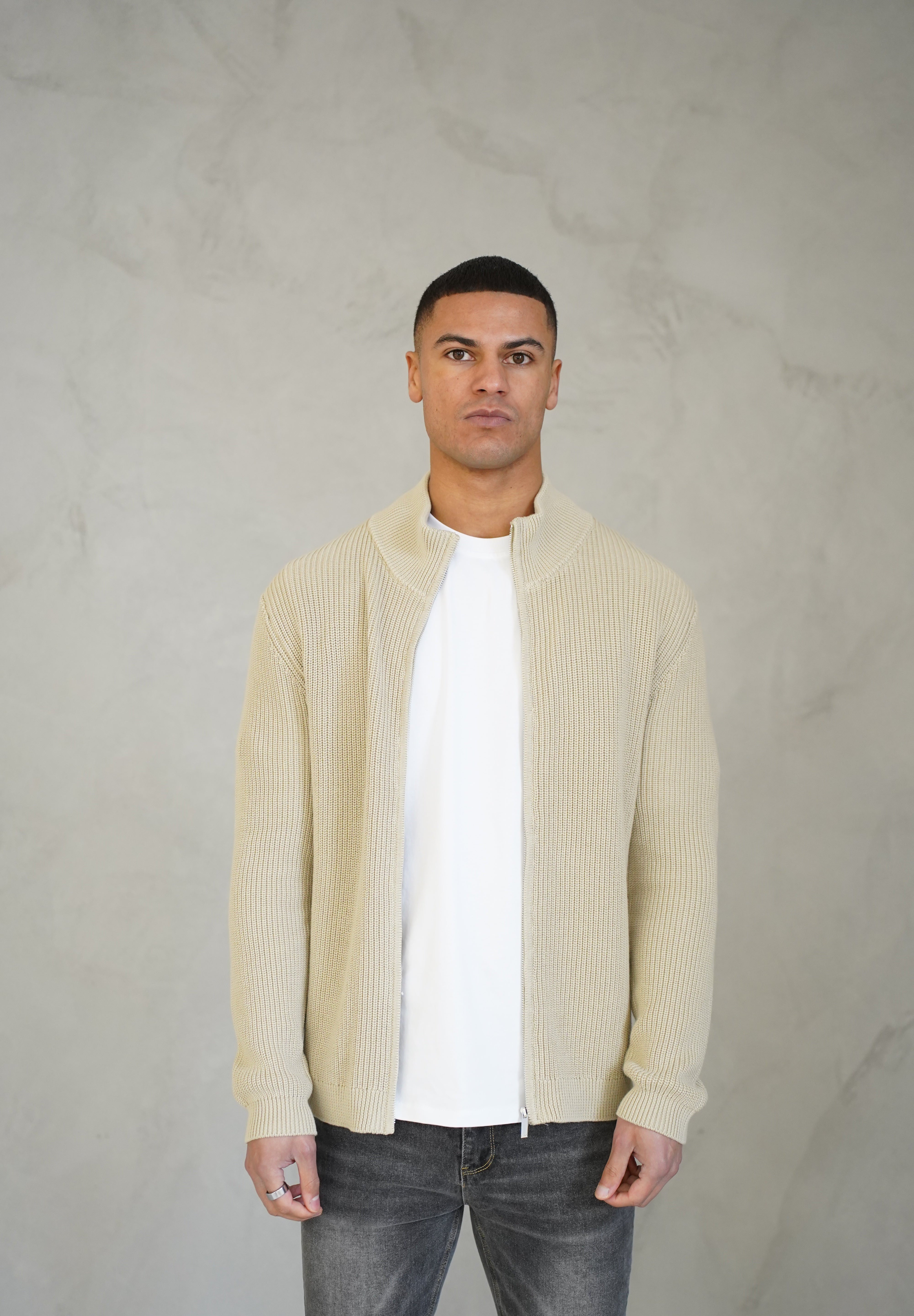 Capo Ribbed Full Zip Jumper - Stone
