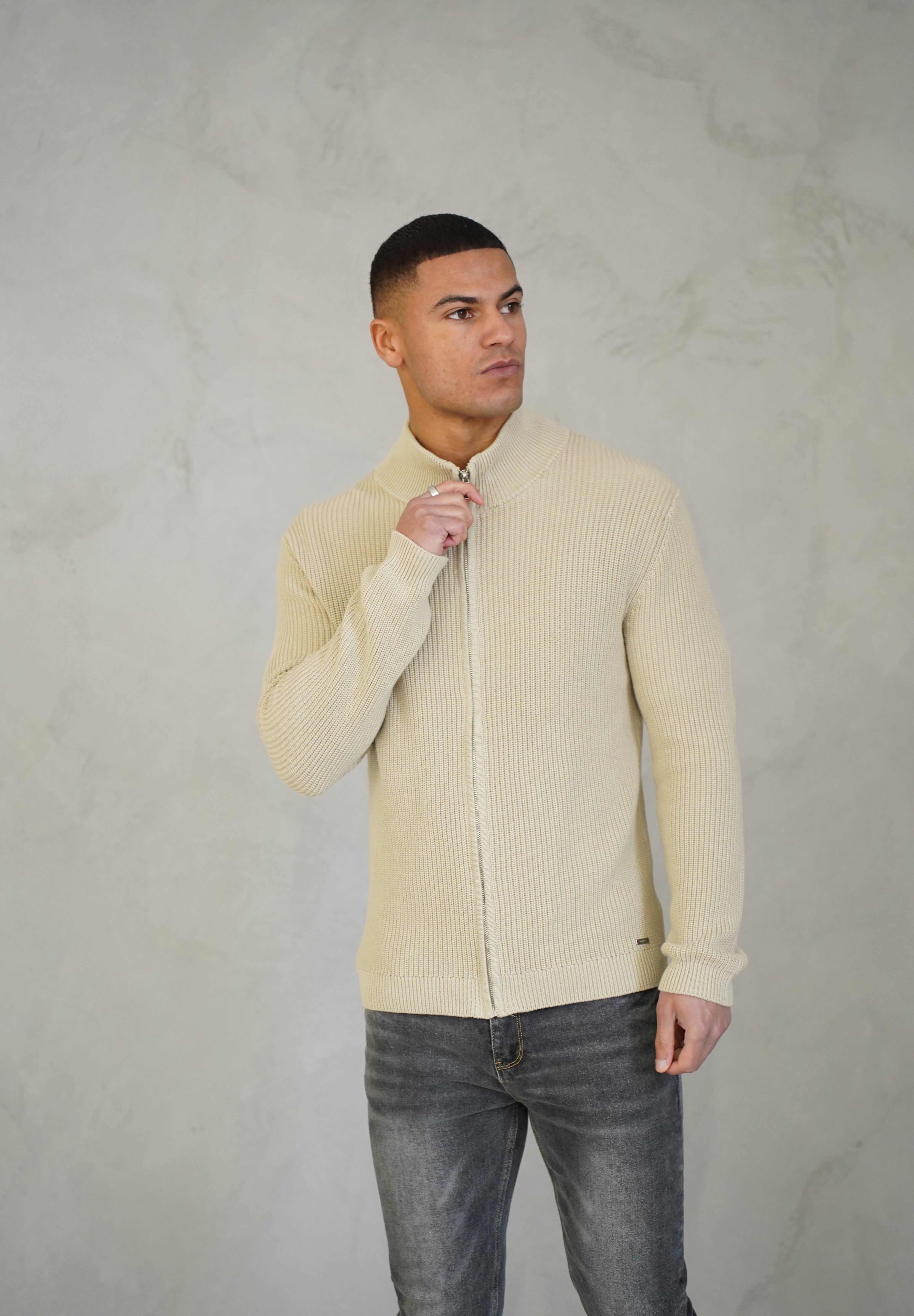 Capo Ribbed Full Zip Jumper - Stone