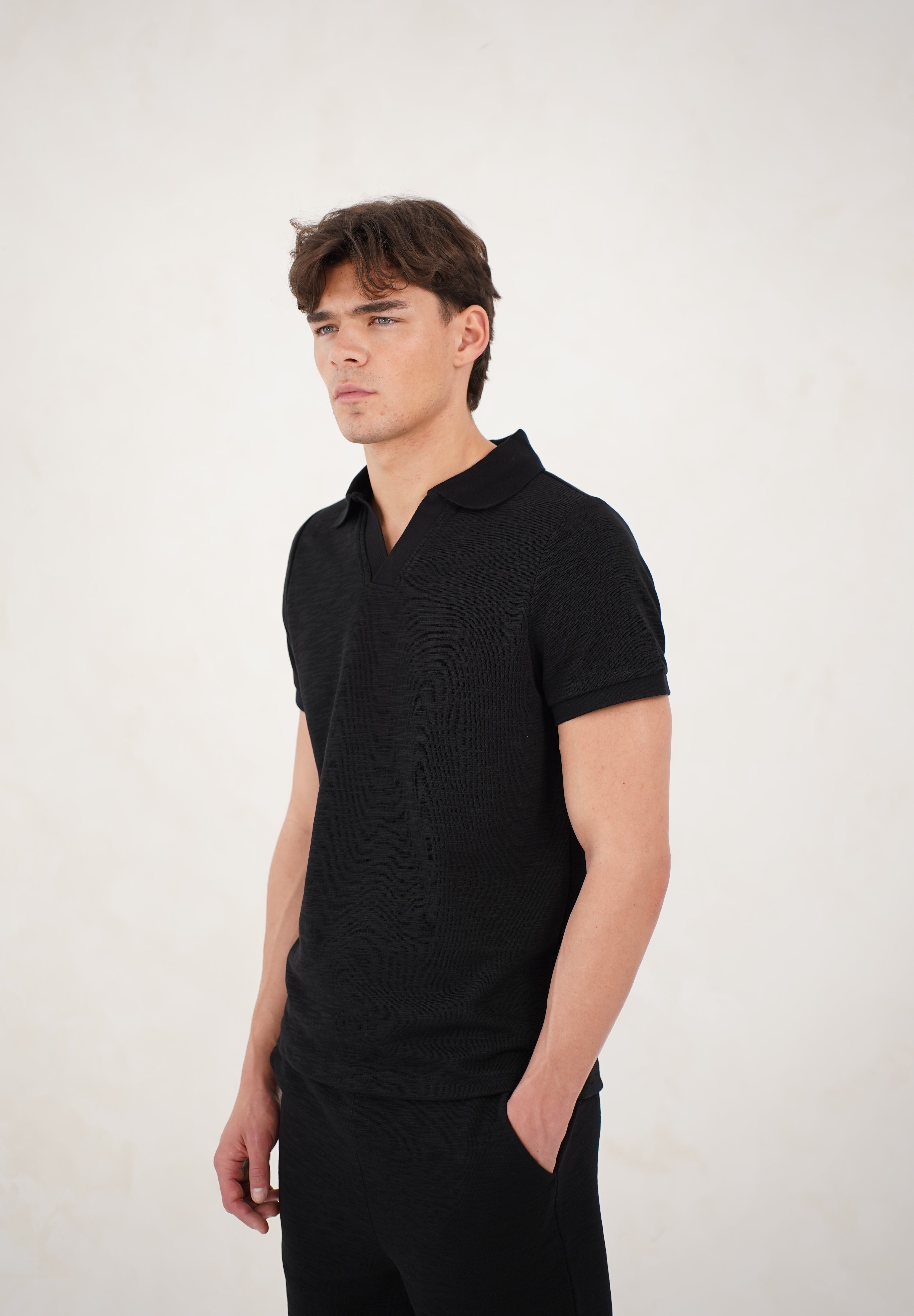 Capo Jersey Slub Cuban Polo Shirt - Black