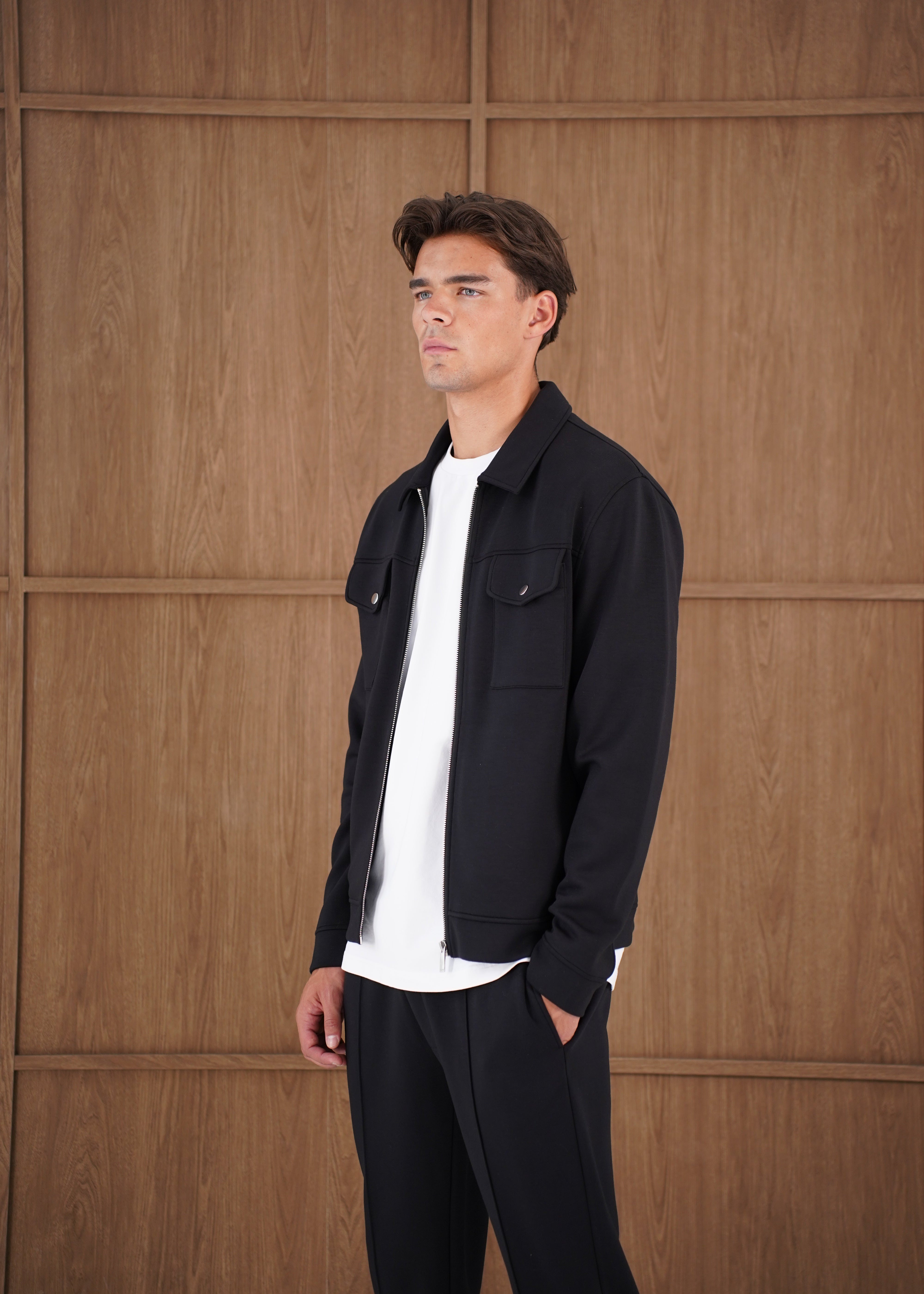 Capo Nick Zip Up Interlock Overshirt - Black