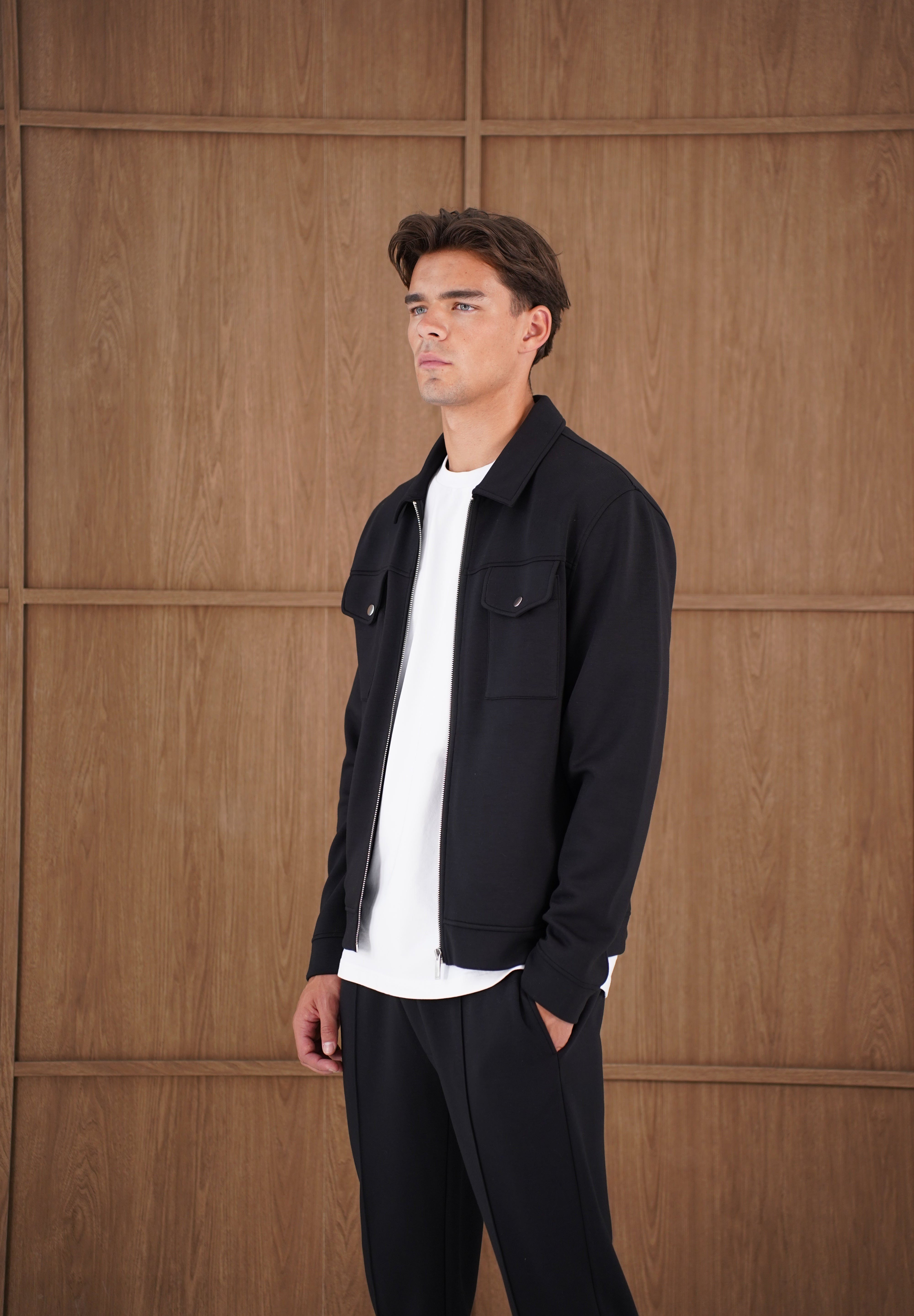 Capo Nick Zip Up Interlock Overshirt - Black