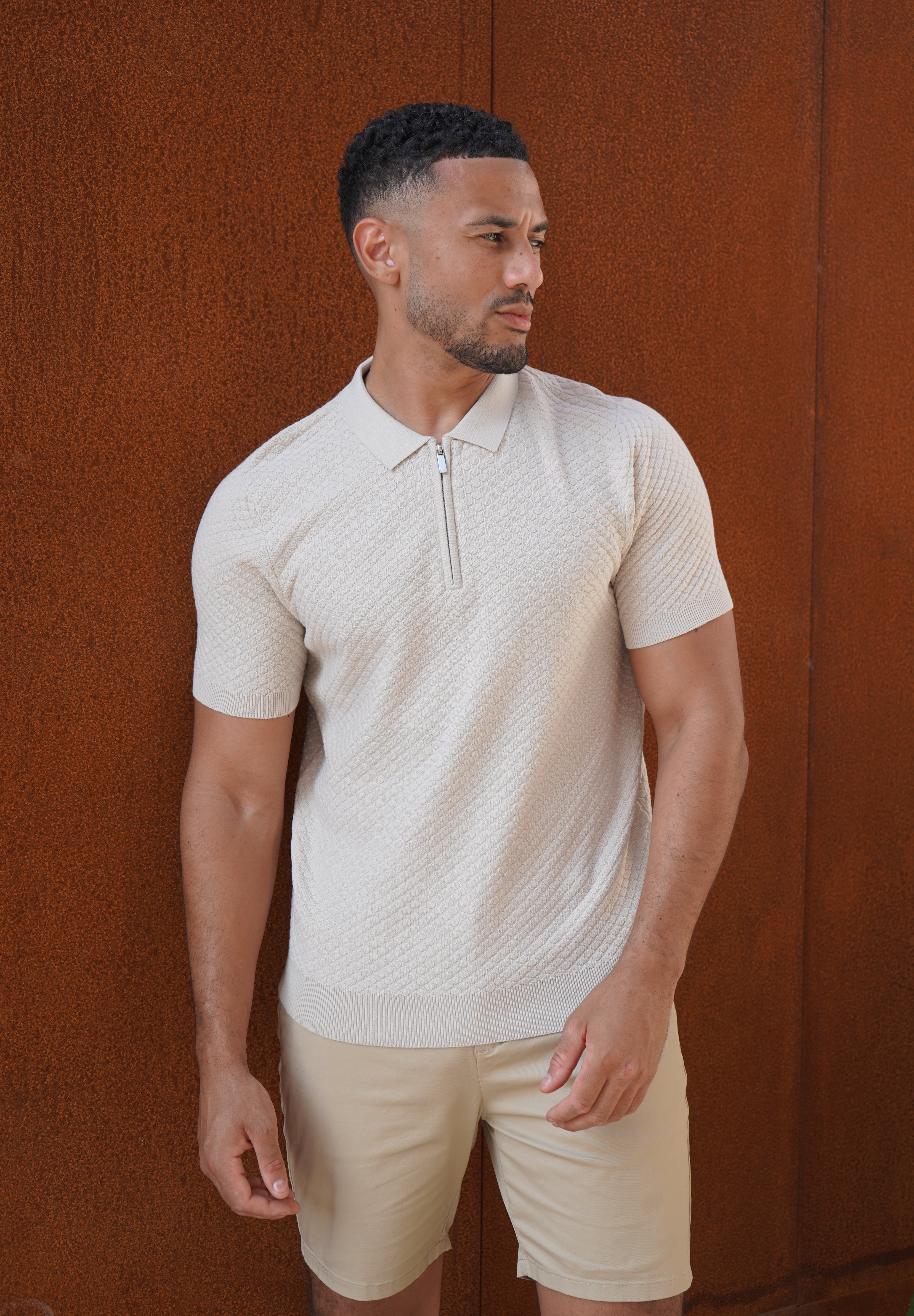Capo Jacquard Zip Up Polo Shirt - Stone