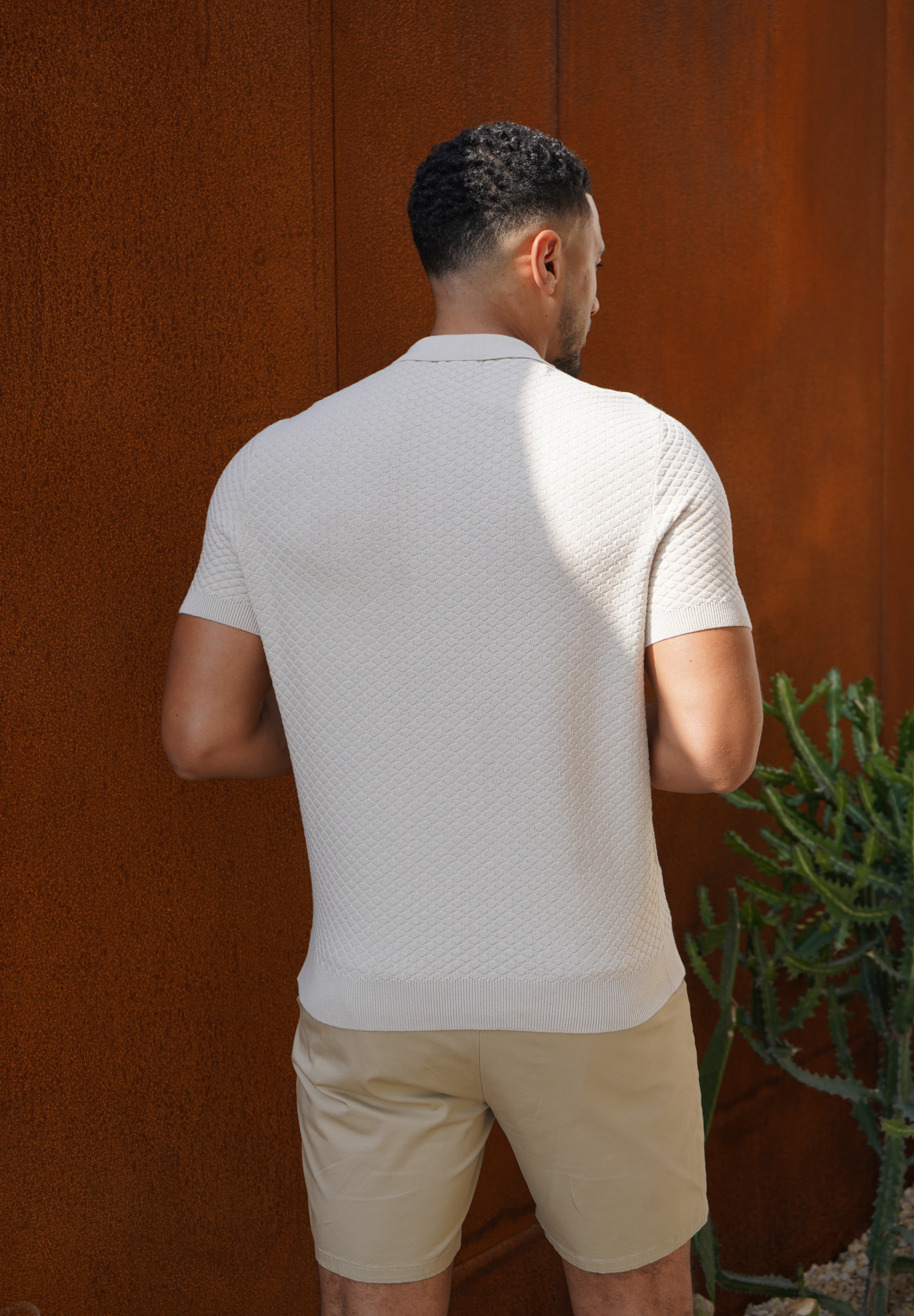 Capo Jacquard Zip Up Polo Shirt - Stone