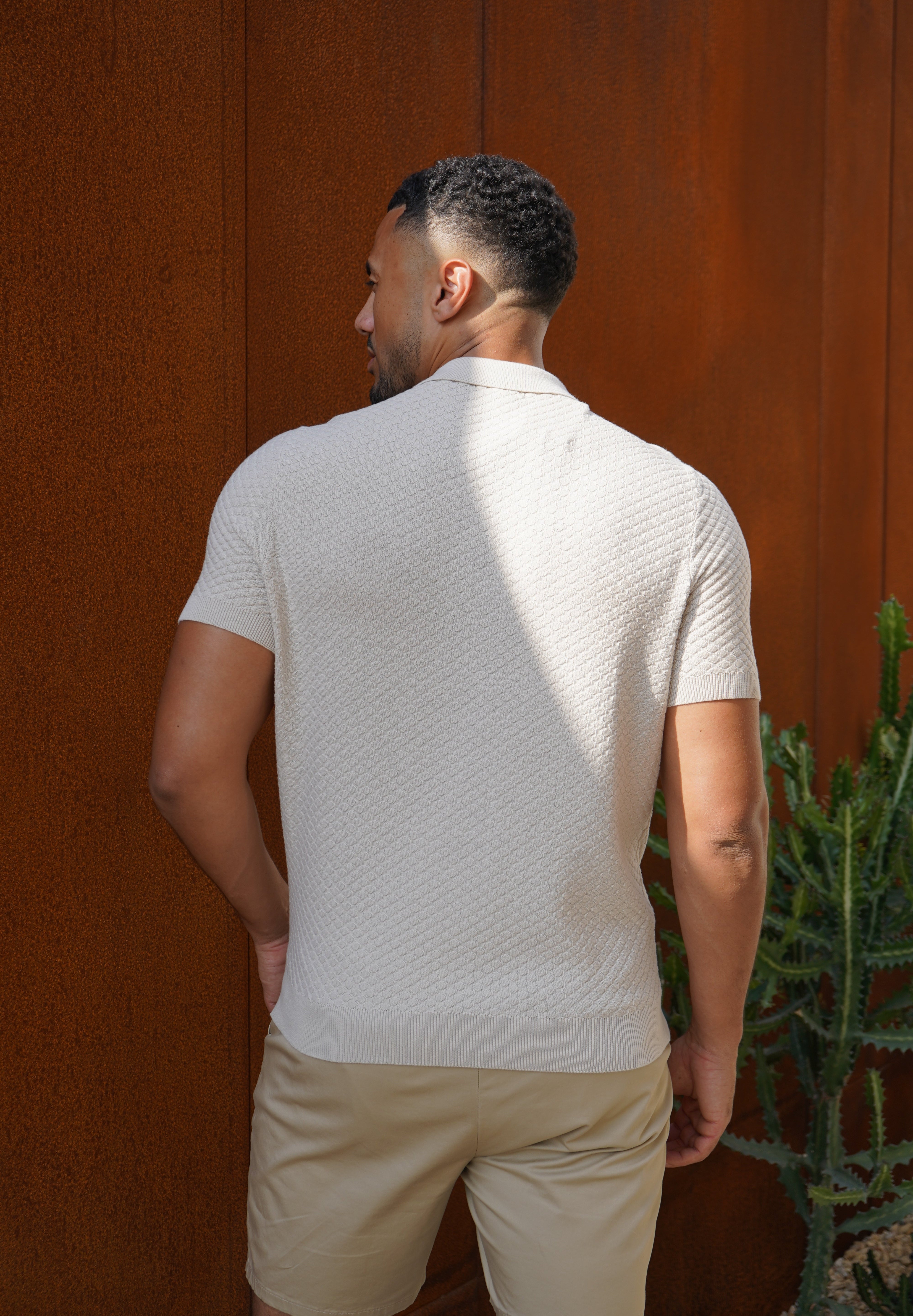 Capo Jacquard Zip Up Polo Shirt - Stone