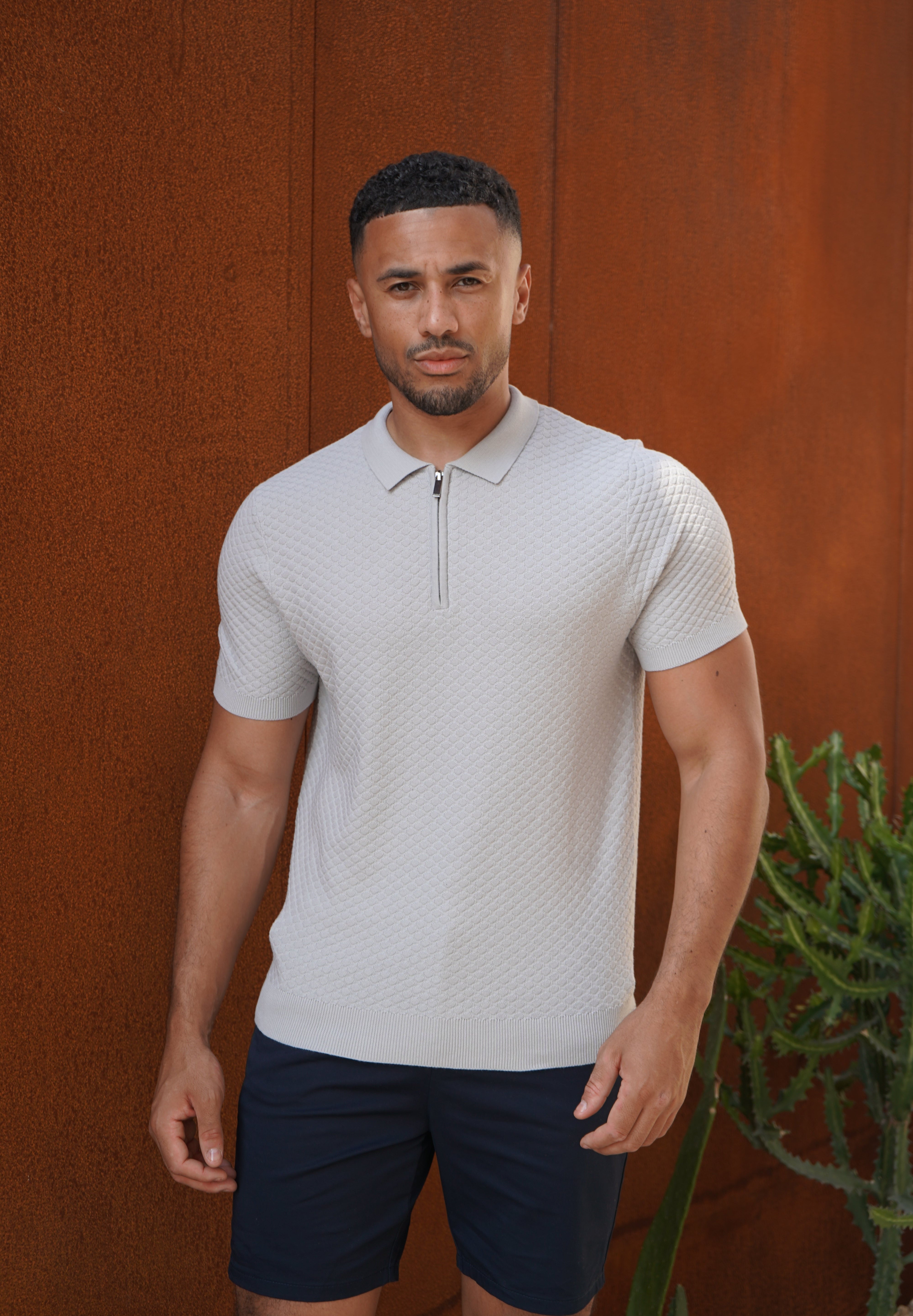 Capo Jacquard Zip Up Polo Shirt - Light Grey