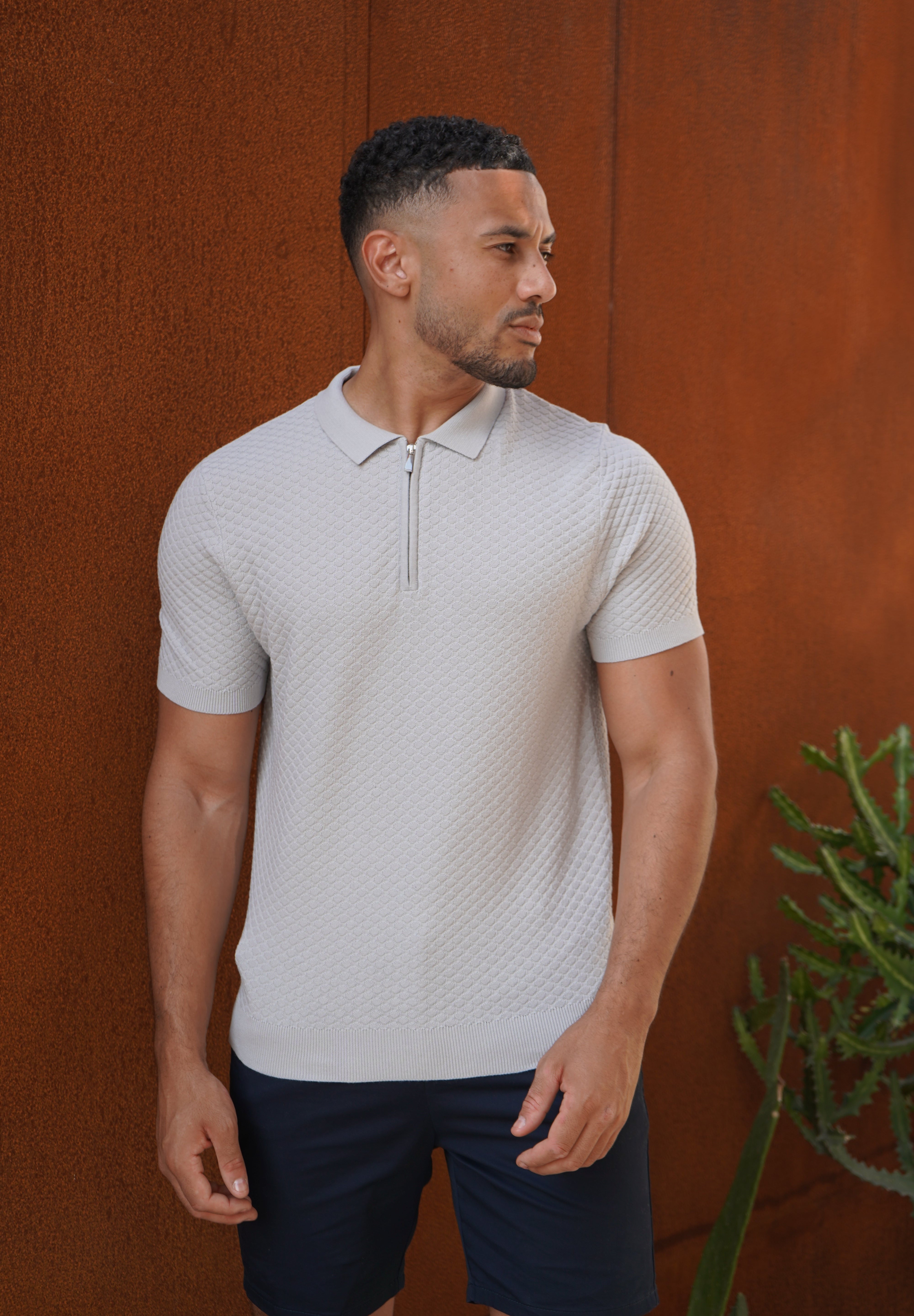Capo Jacquard Zip Up Polo Shirt - Light Grey