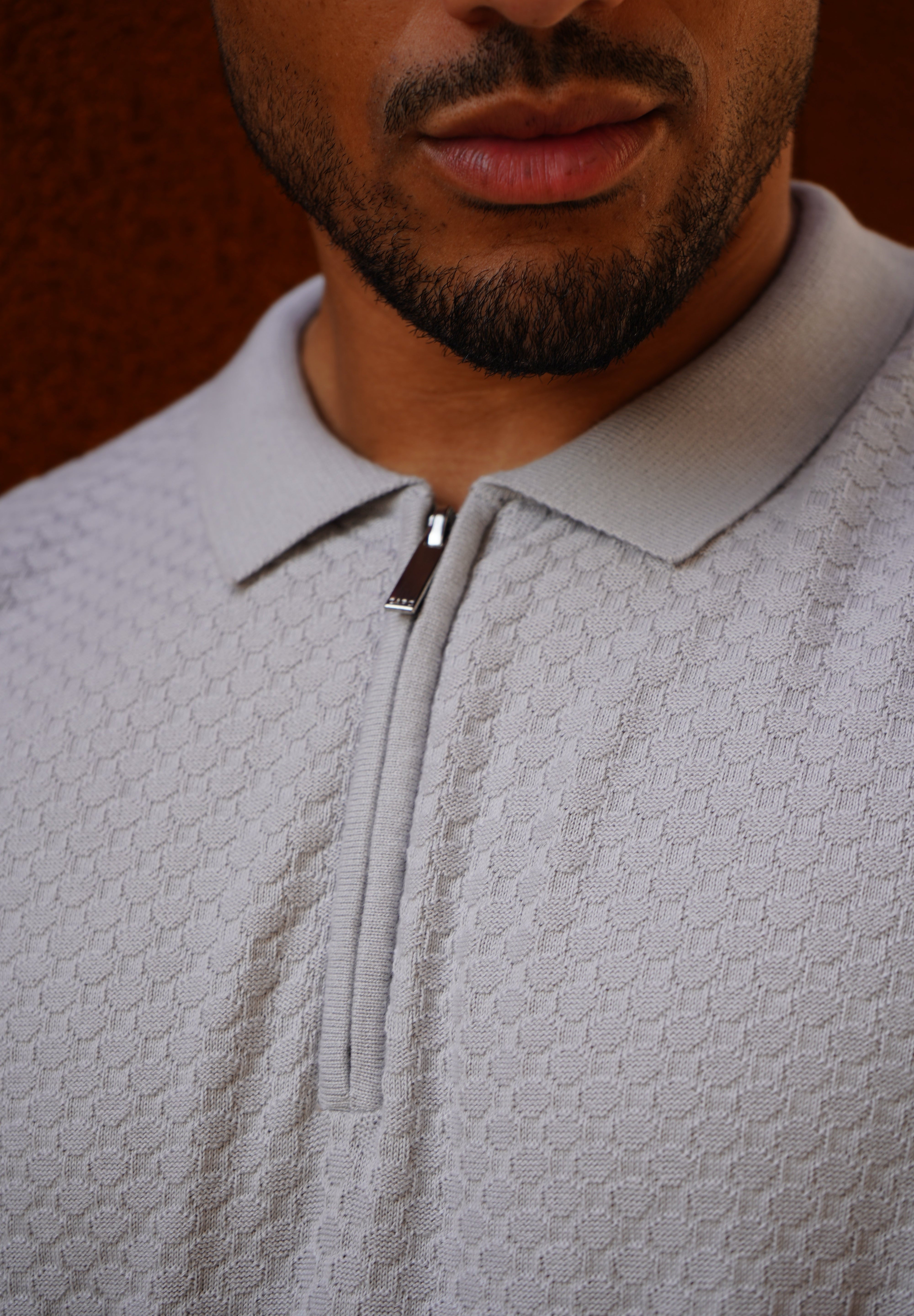 Capo Jacquard Zip Up Polo Shirt - Light Grey