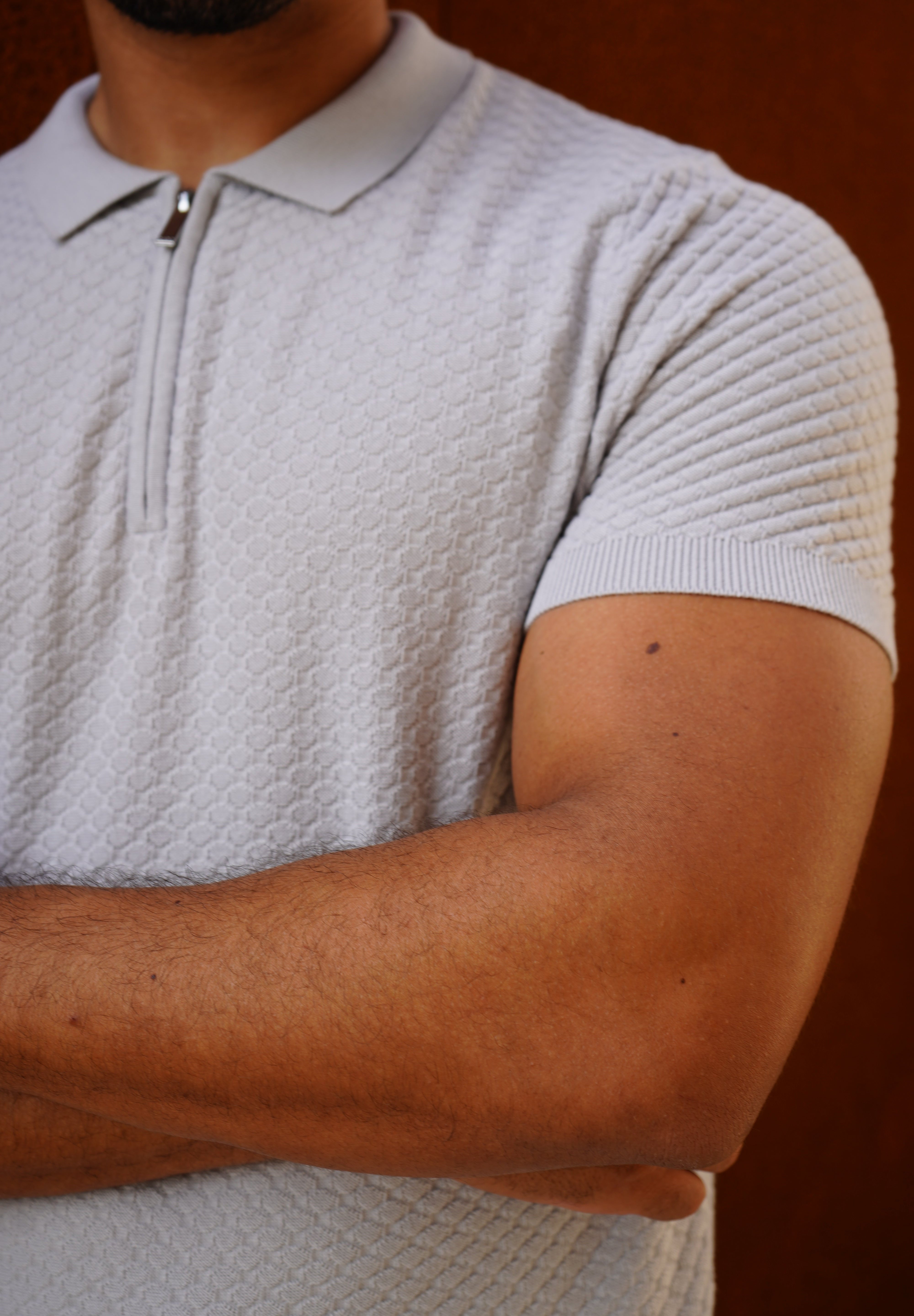 Capo Jacquard Zip Up Polo Shirt - Light Grey