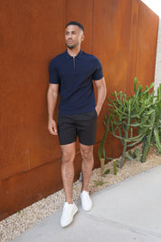 Capo Jacquard Zip Up Polo Shirt - Navy