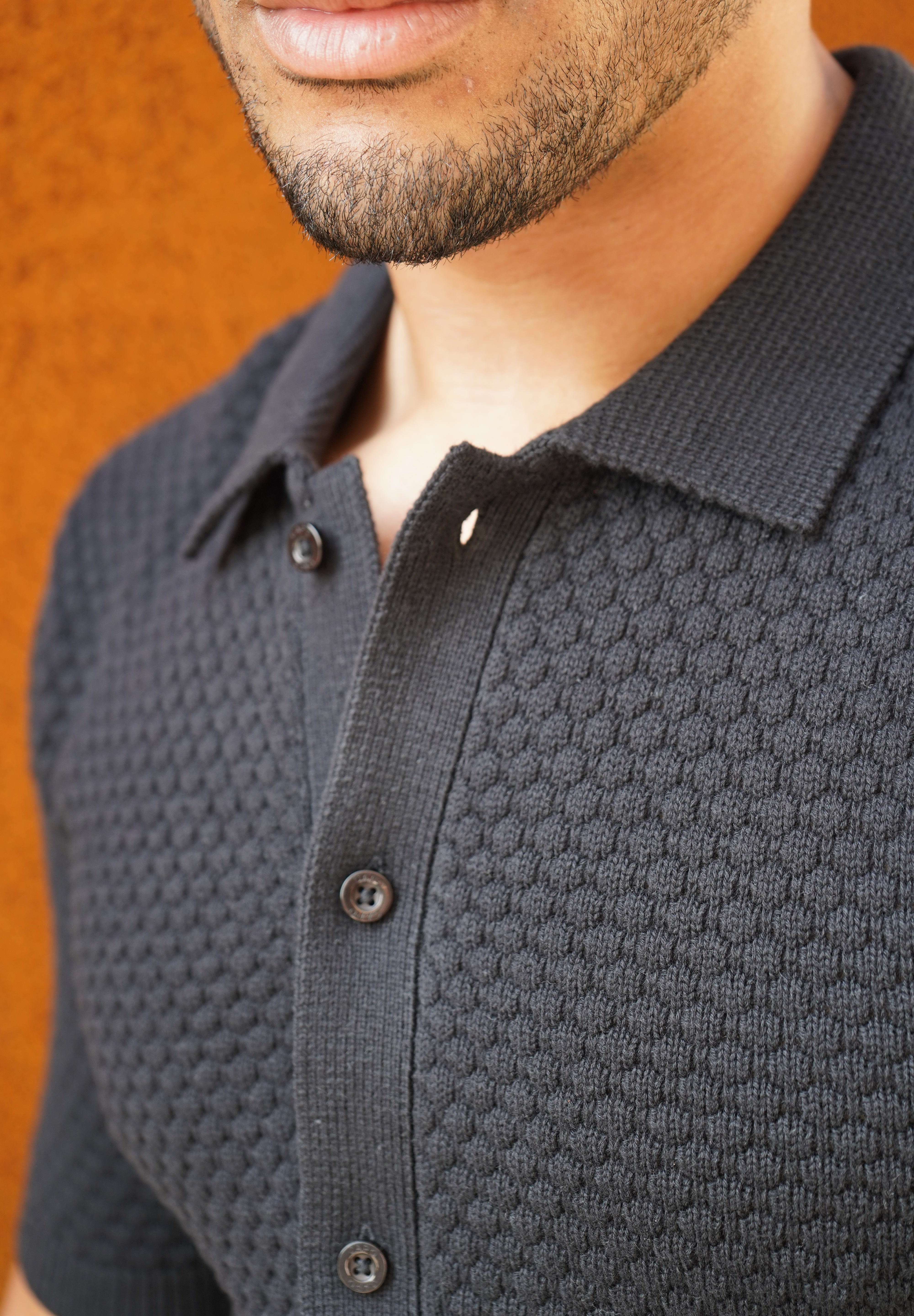 Capo Jacquard Button Up Polo Shirt - Black