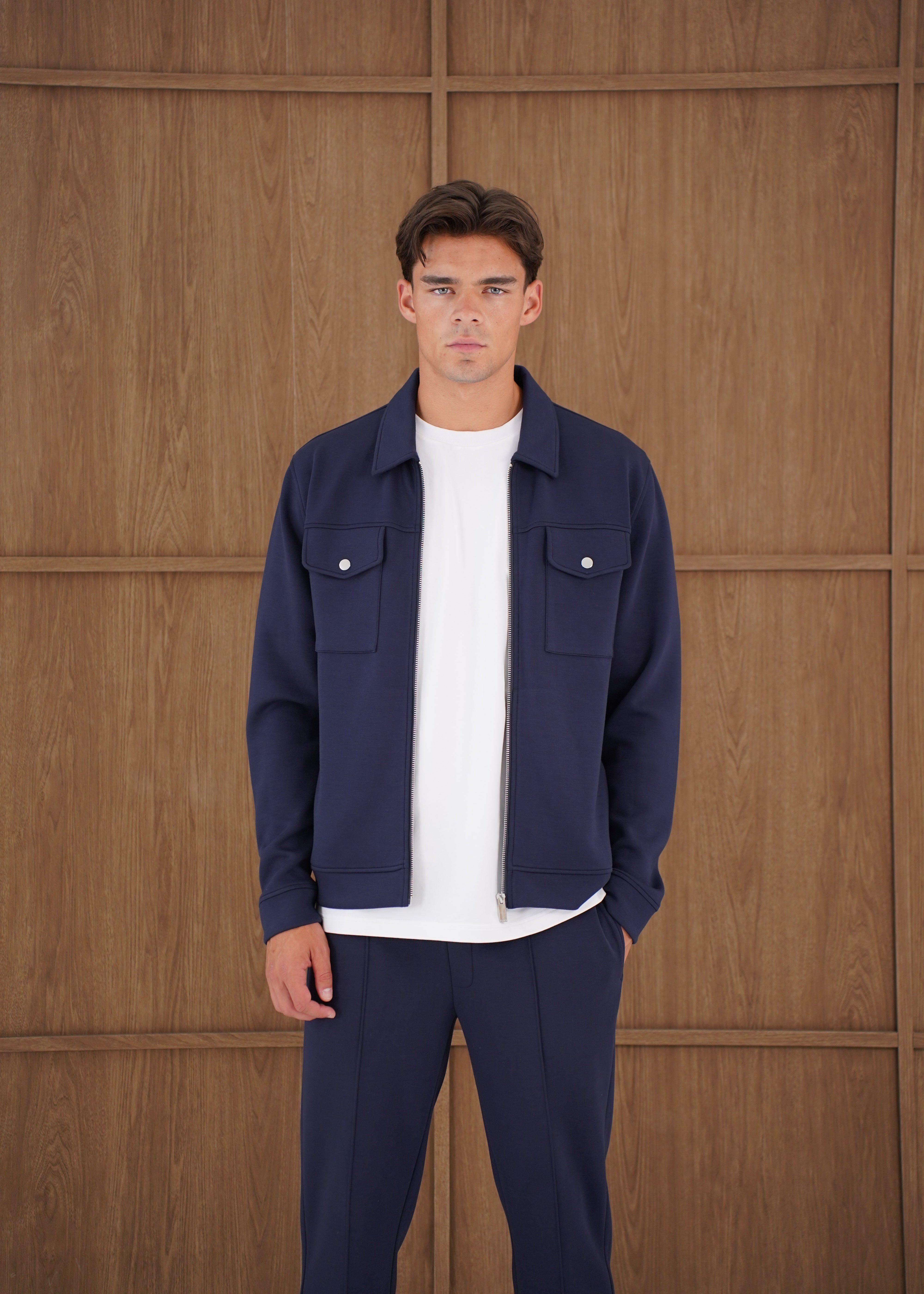 Capo Nick Zip Up Interlock Overshirt - Navy