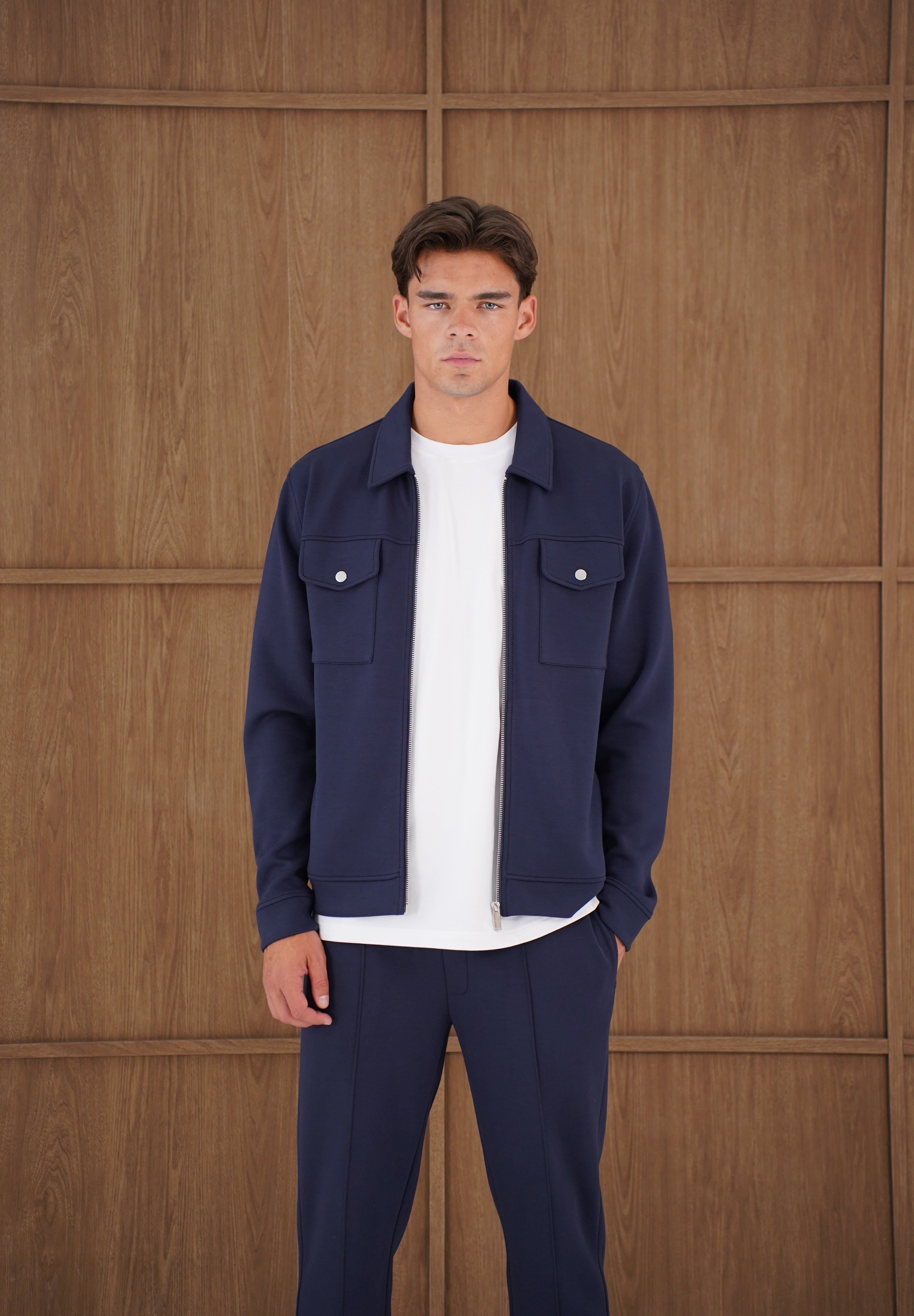 Capo Nick Zip Up Interlock Overshirt - Navy