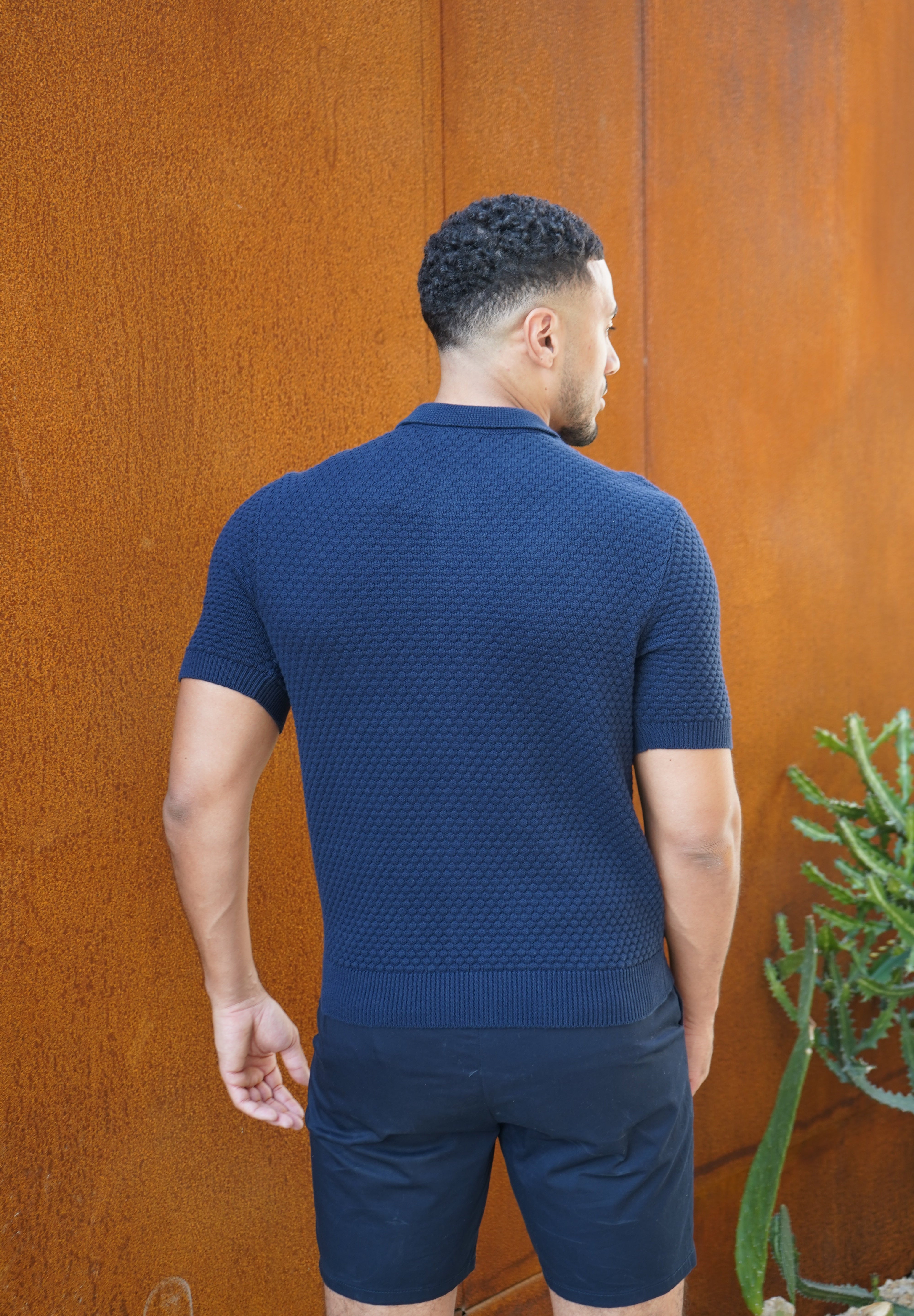 Capo Jacquard Button Up Polo Shirt - Navy