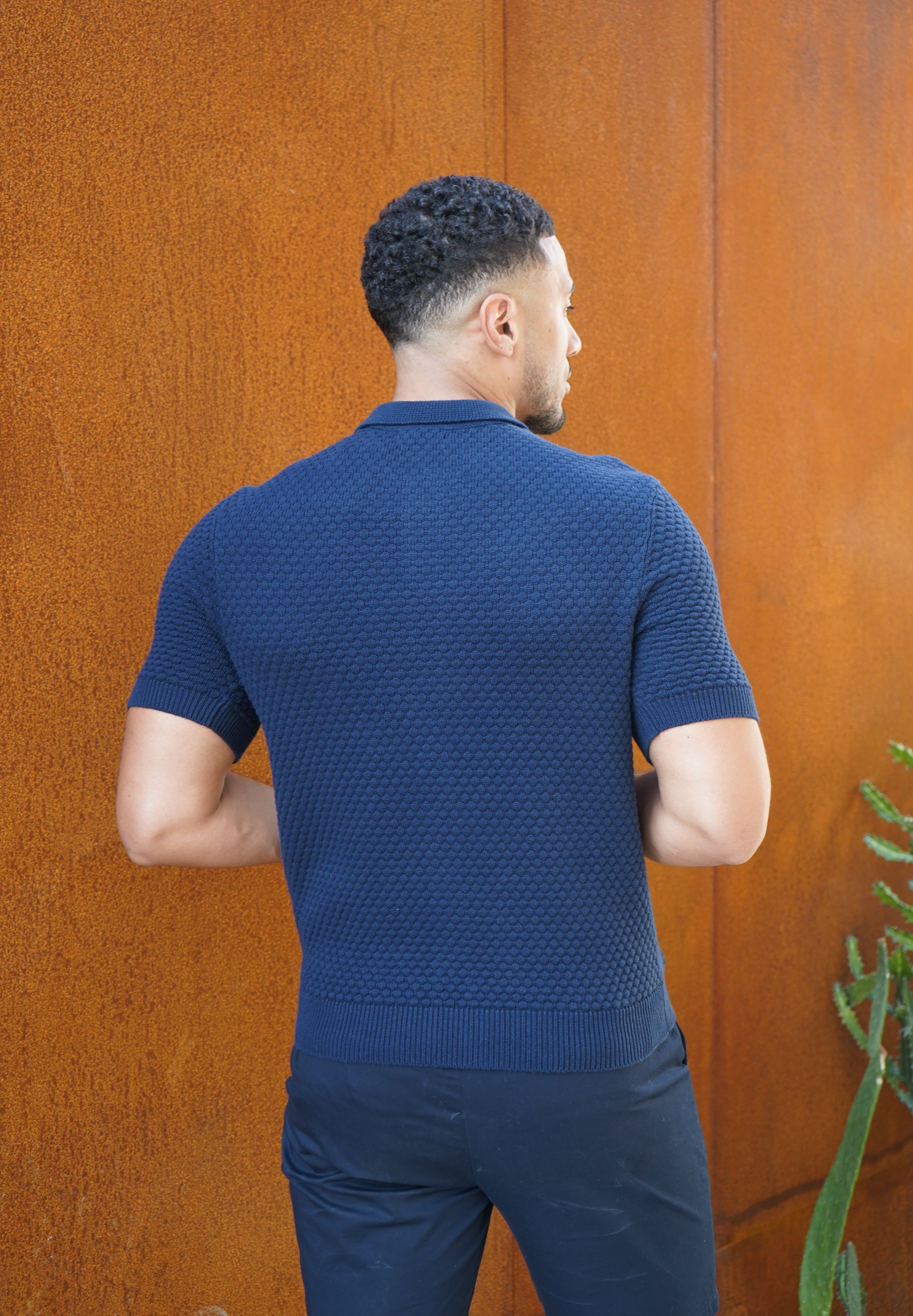 Capo Jacquard Button Up Polo Shirt - Navy