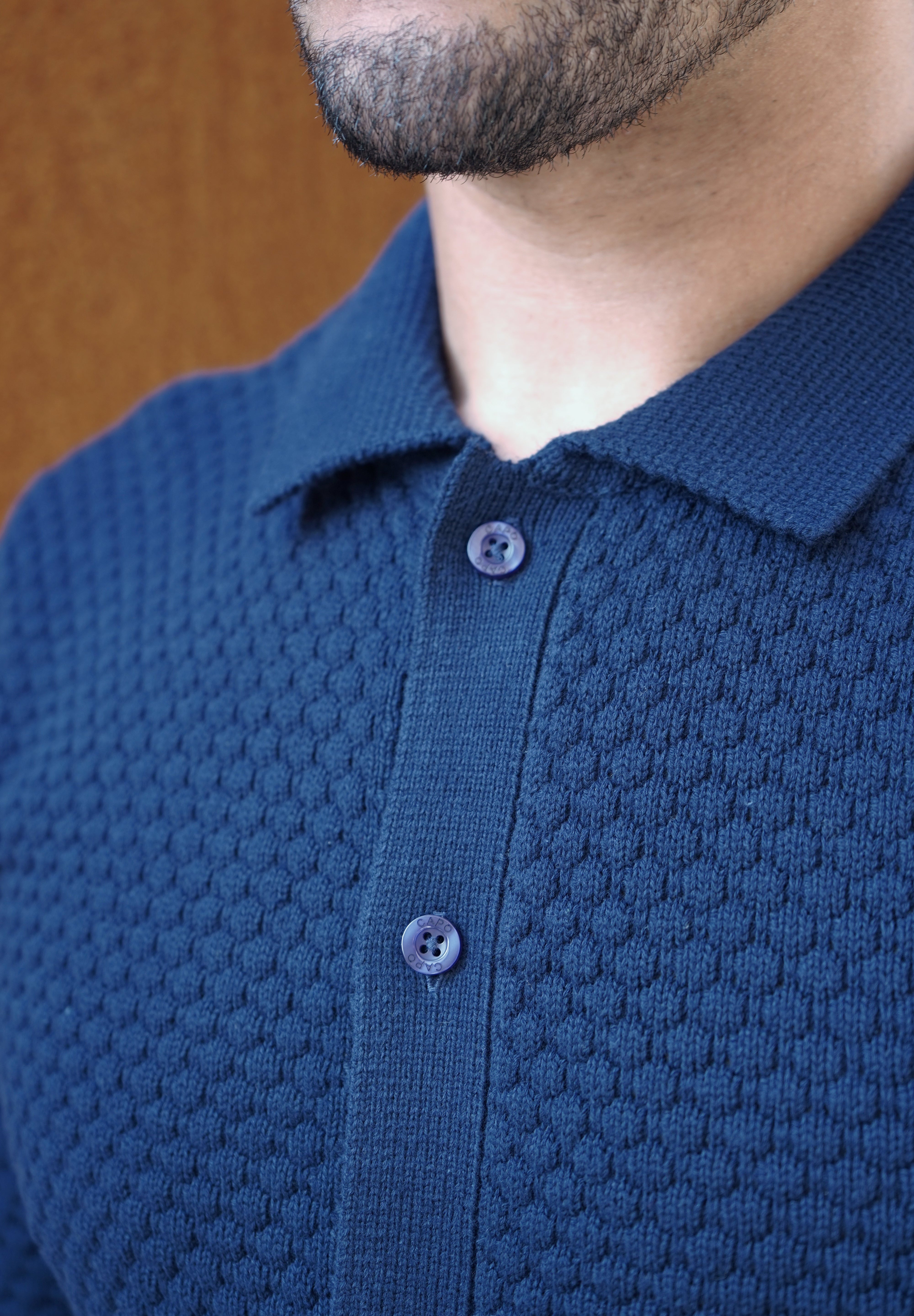 Capo Jacquard Button Up Polo Shirt - Navy