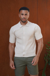 Capo Jacquard Button Up Polo Shirt - Stone