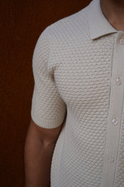 Capo Jacquard Button Up Polo Shirt - Stone