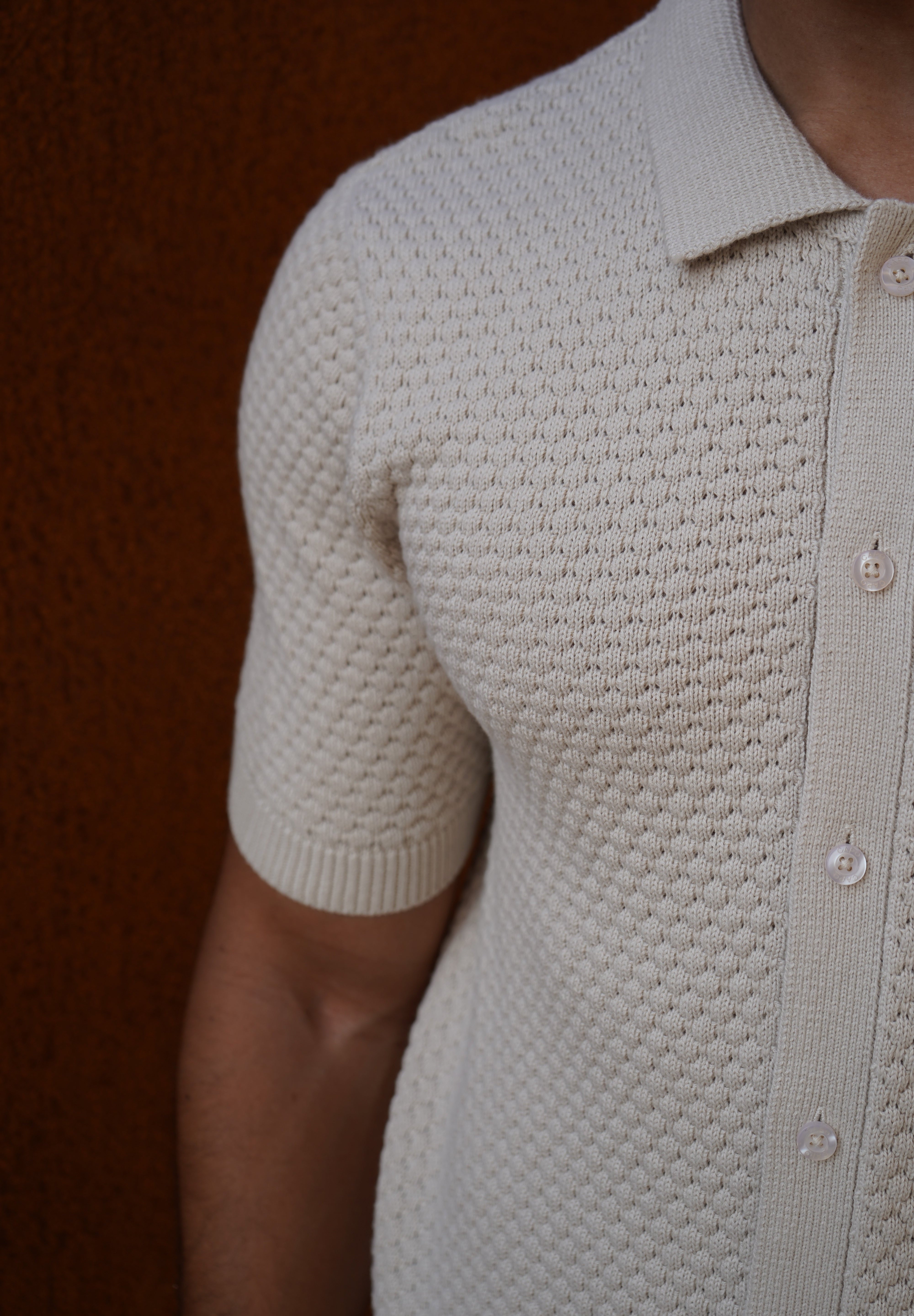Capo Jacquard Button Up Polo Shirt - Stone