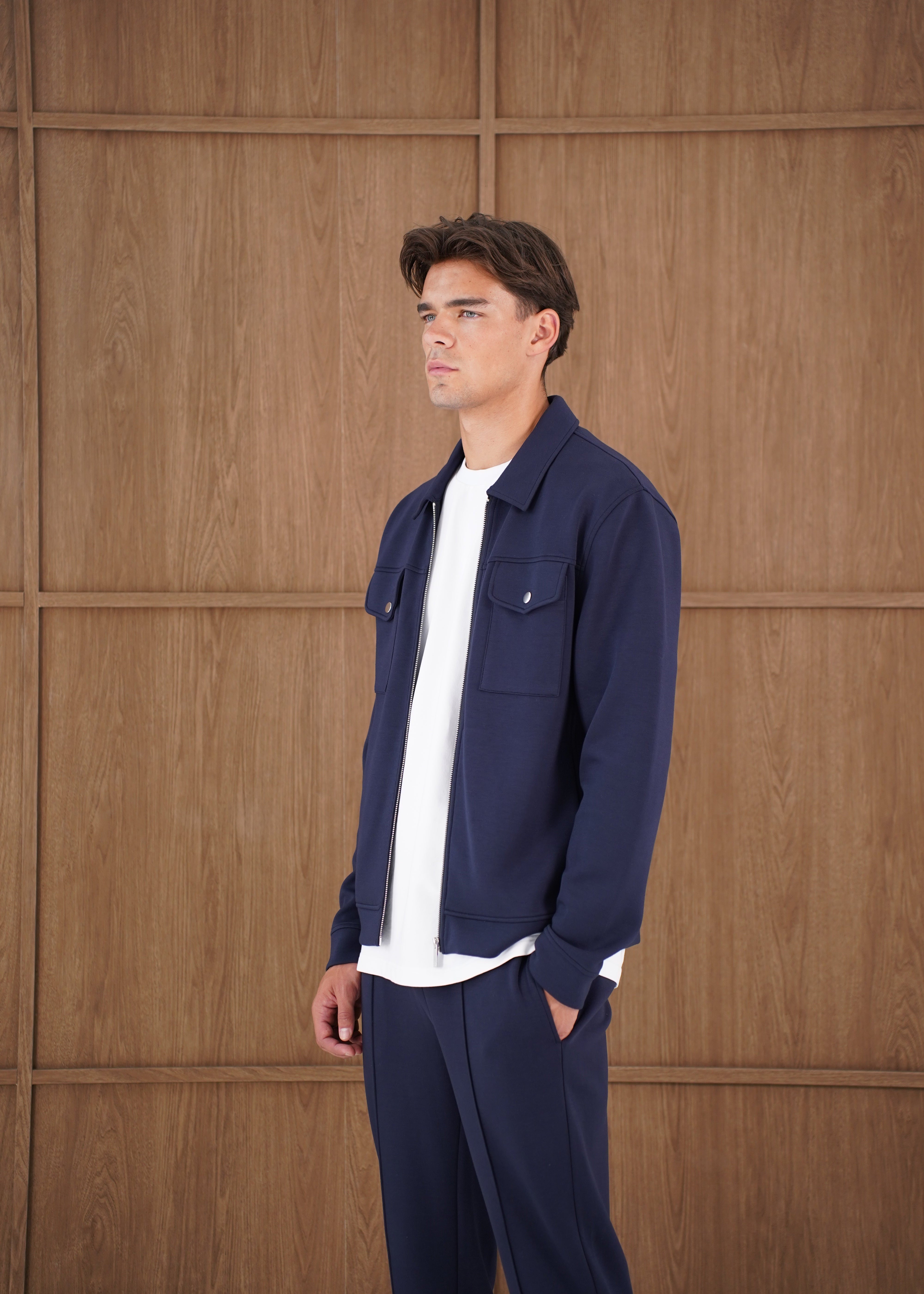 Capo Nick Zip Up Interlock Overshirt - Navy