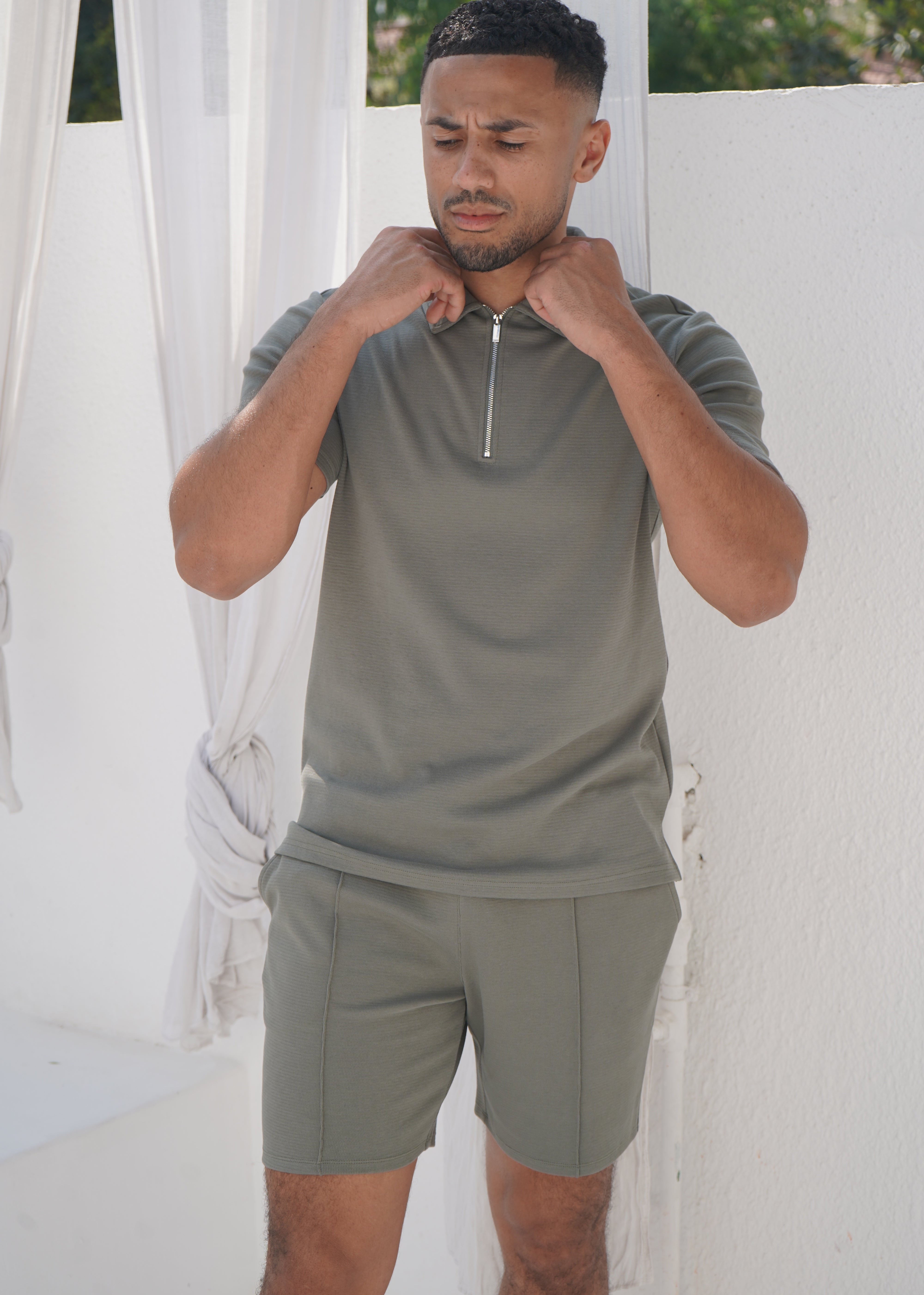 Capo Textured Zip Up Polo Shirt - Light Olive