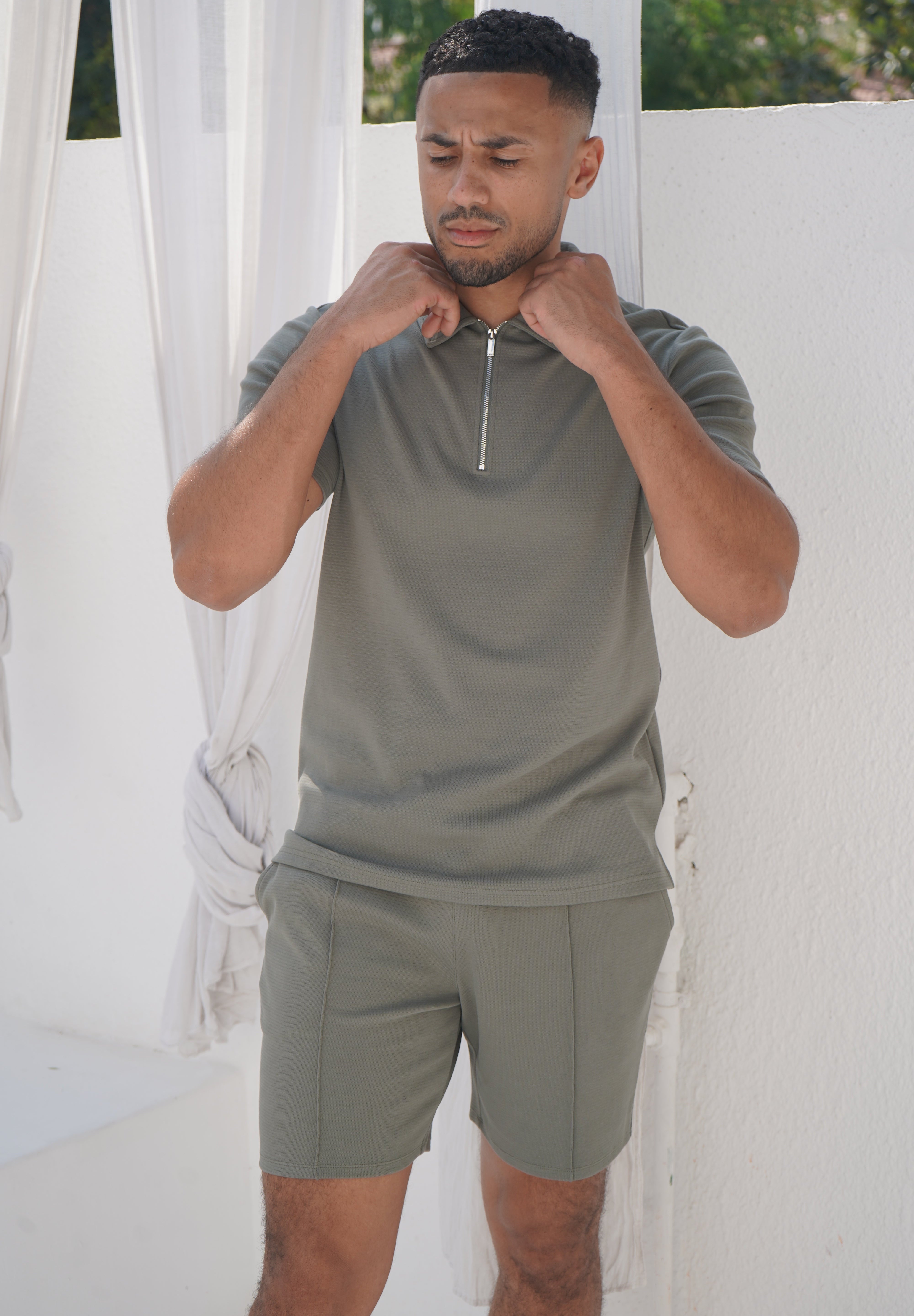 Capo Textured Zip Up Polo Shirt - Light Olive