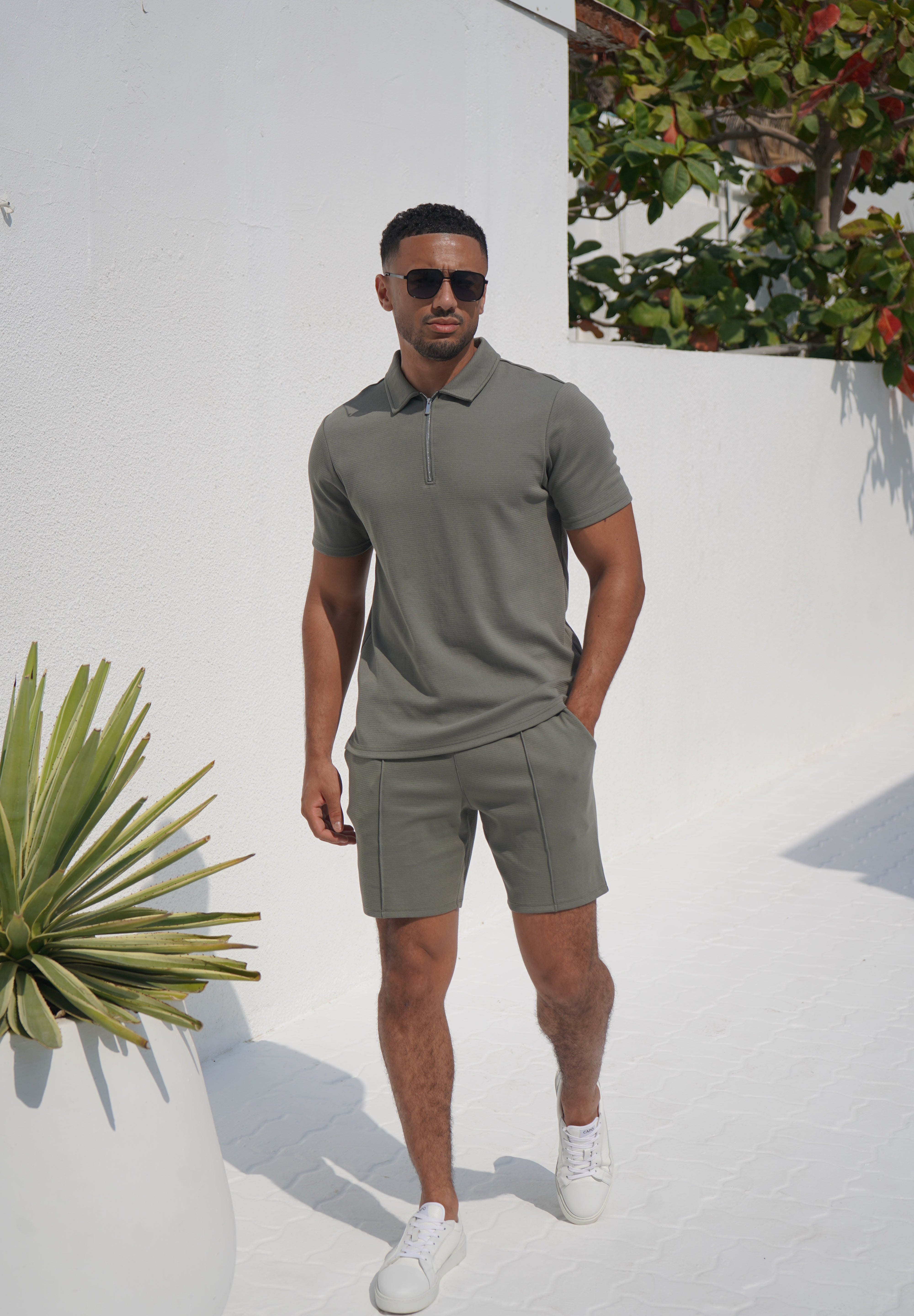 Capo Textured Zip Up Polo Shirt - Light Olive