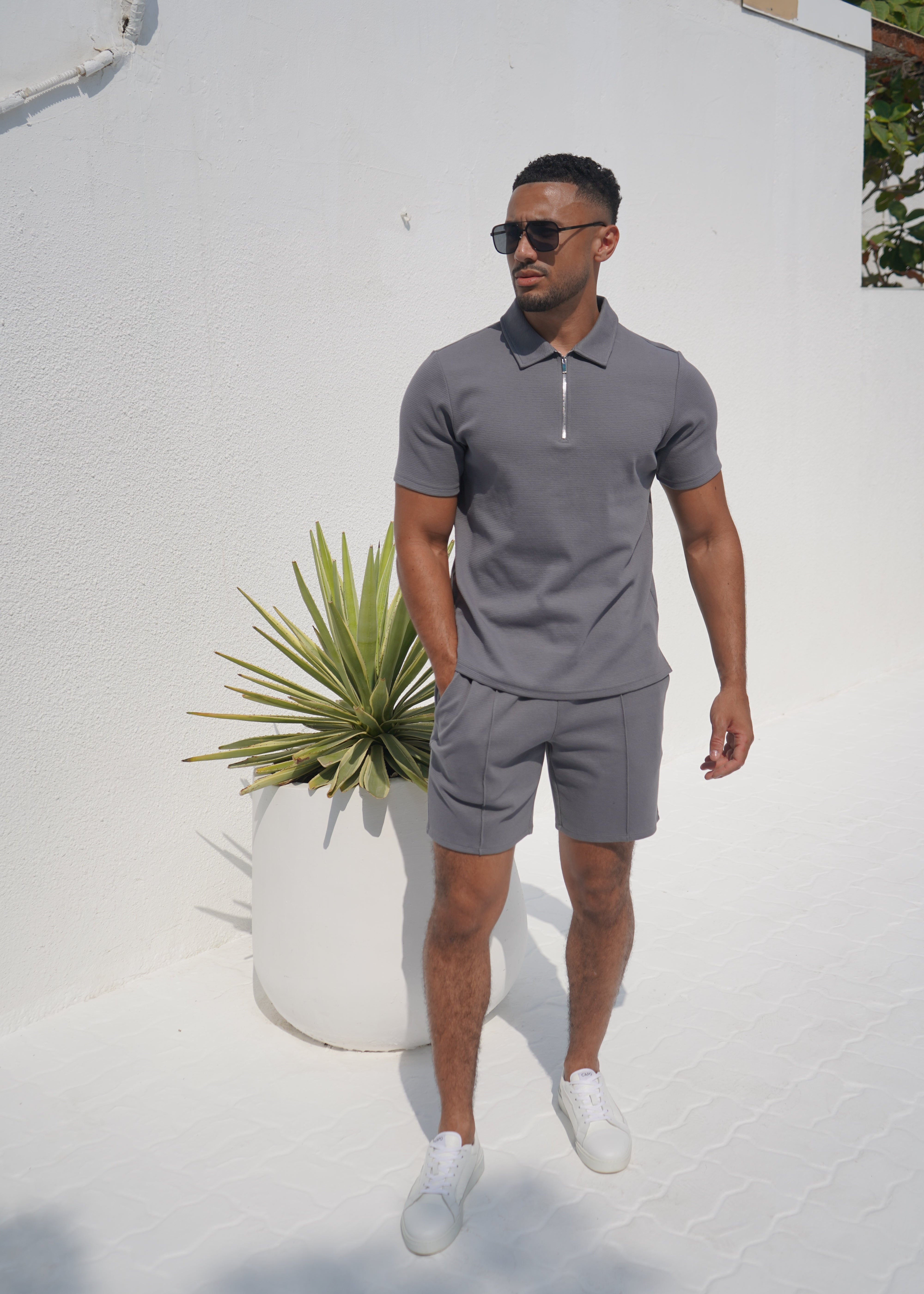Capo Textured Zip Up Polo Shirt - Grey