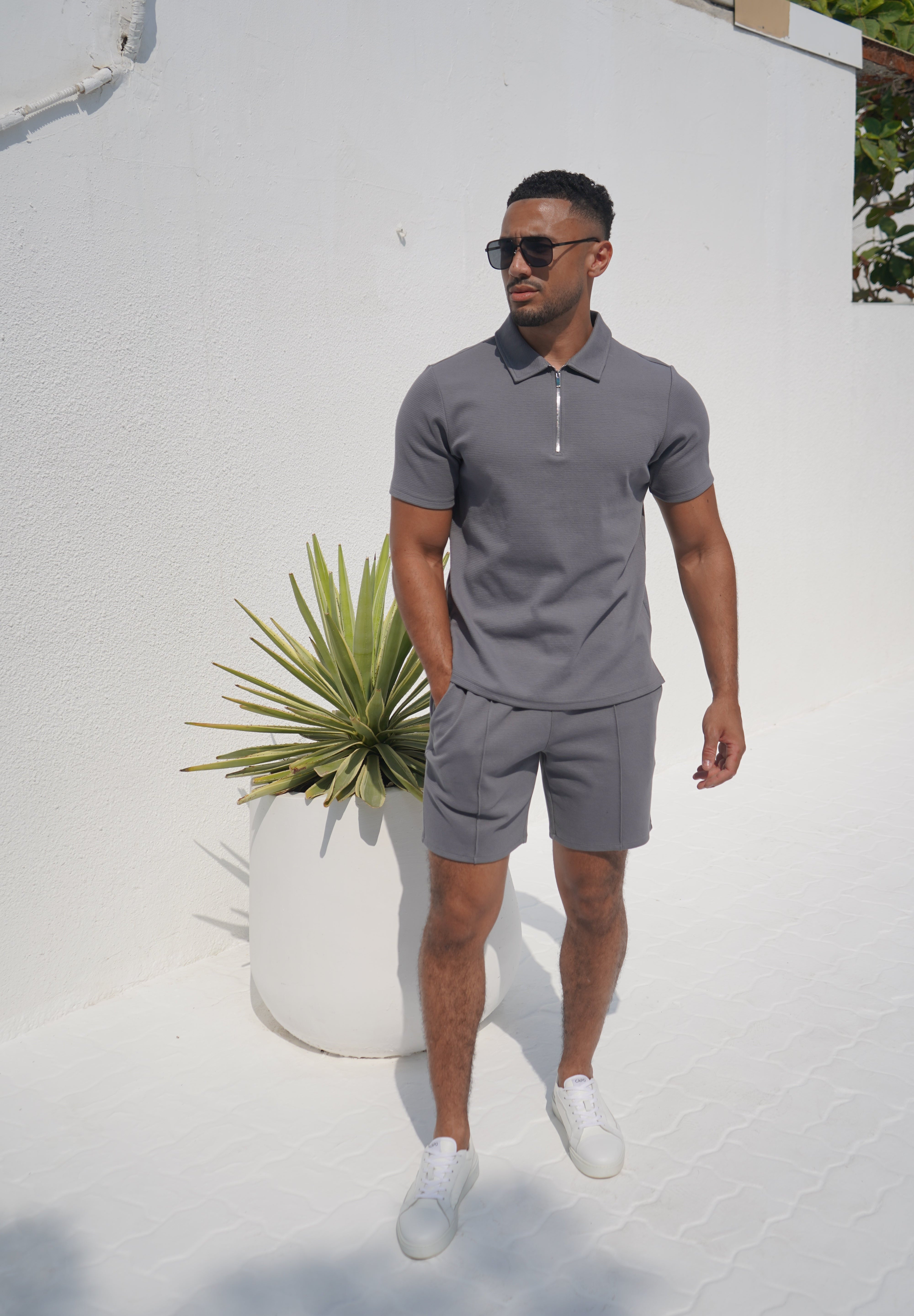 Capo Textured Zip Up Polo Shirt - Grey