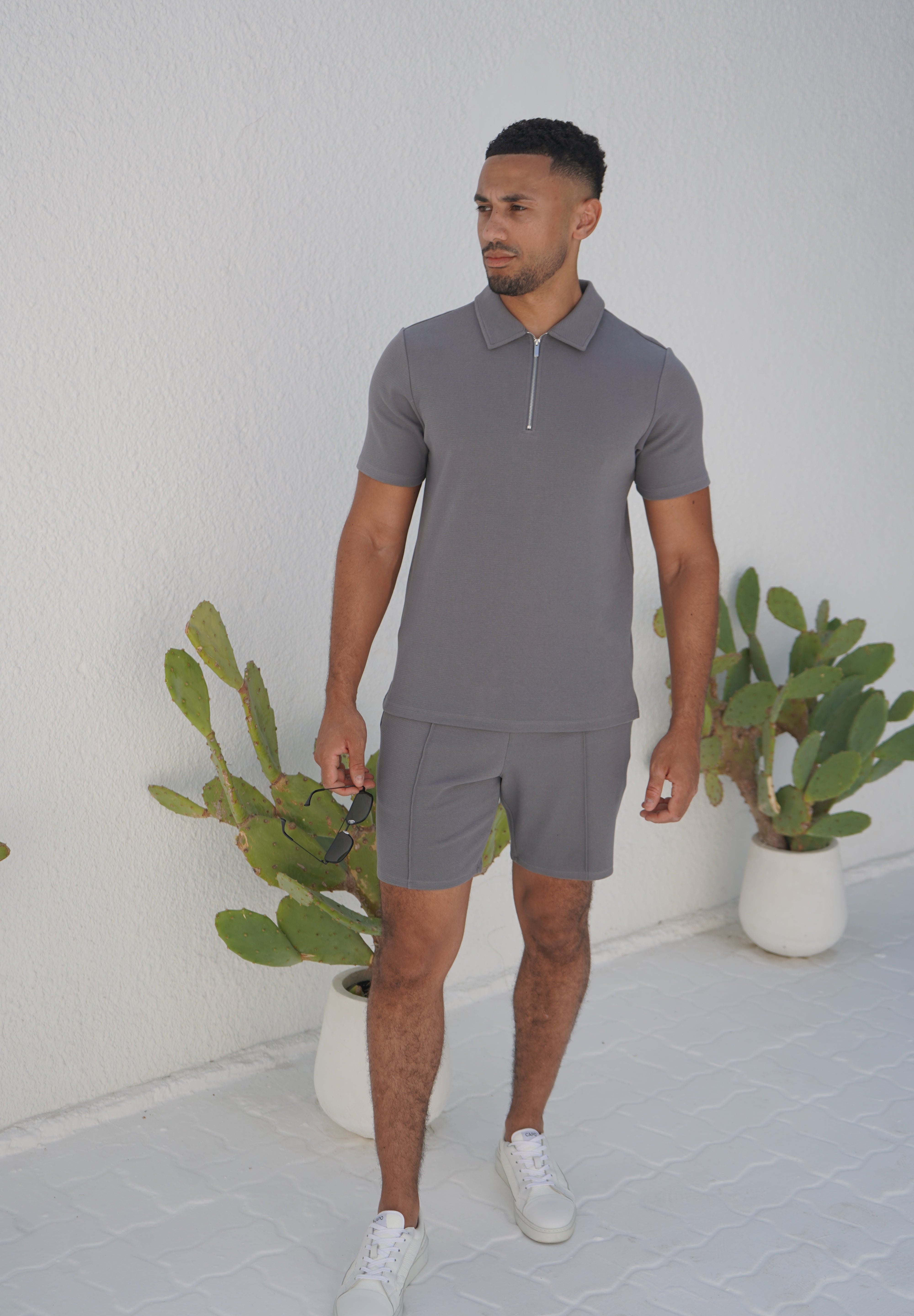 Capo Textured Zip Up Polo Shirt - Grey