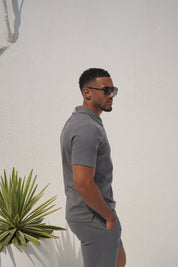 Capo Textured Zip Up Polo Shirt - Grey