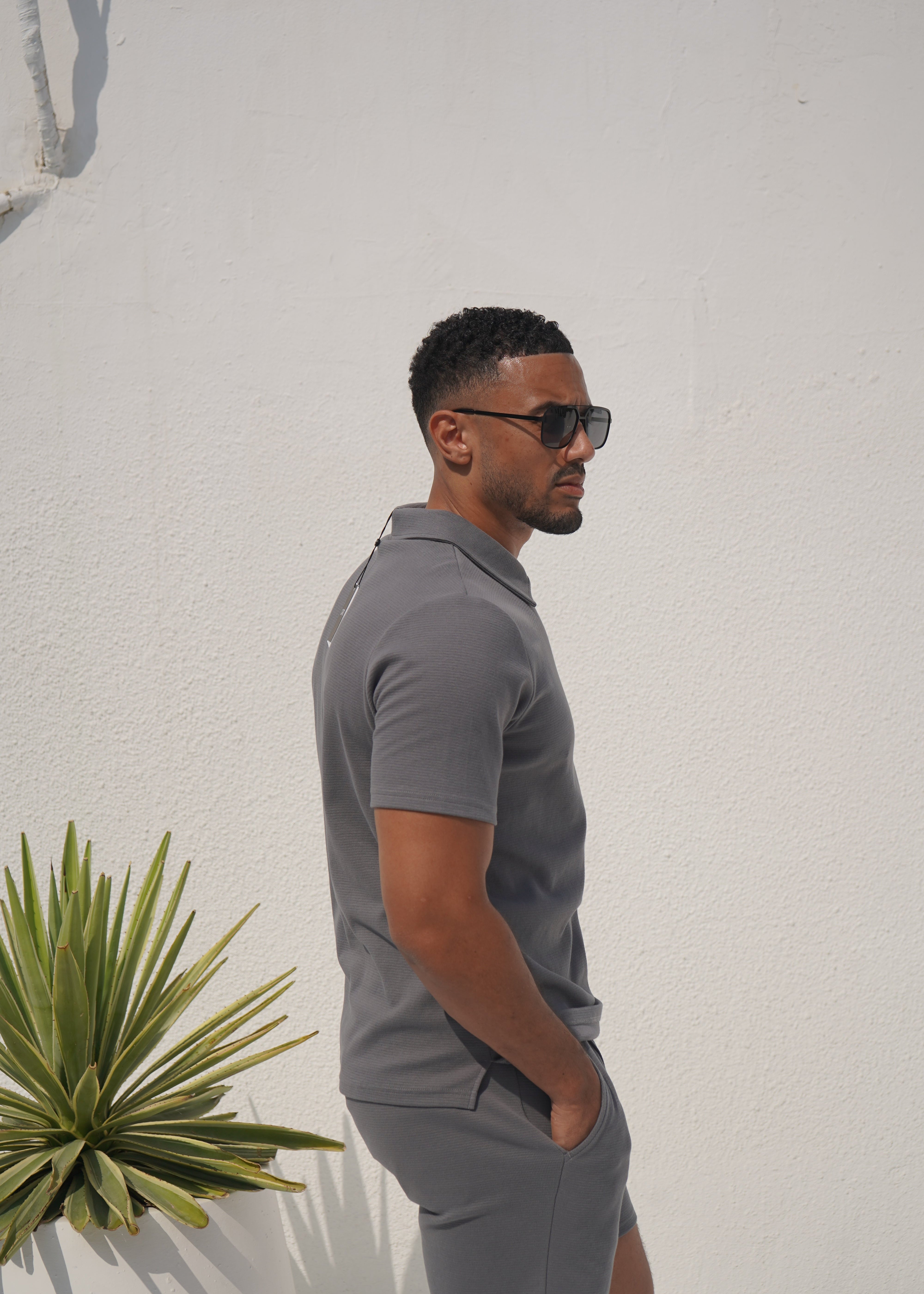 Capo Textured Zip Up Polo Shirt - Grey
