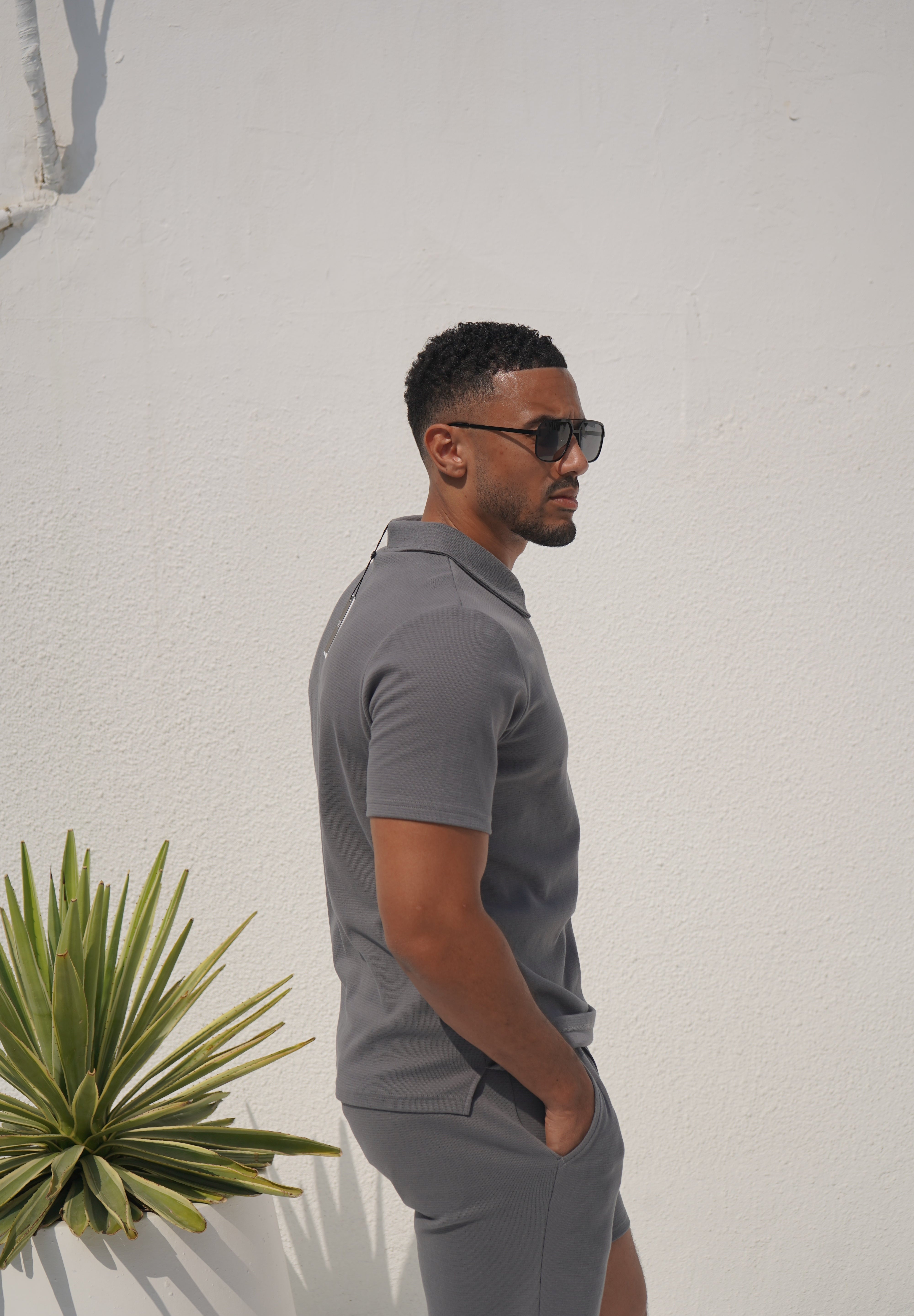 Capo Textured Zip Up Polo Shirt - Grey