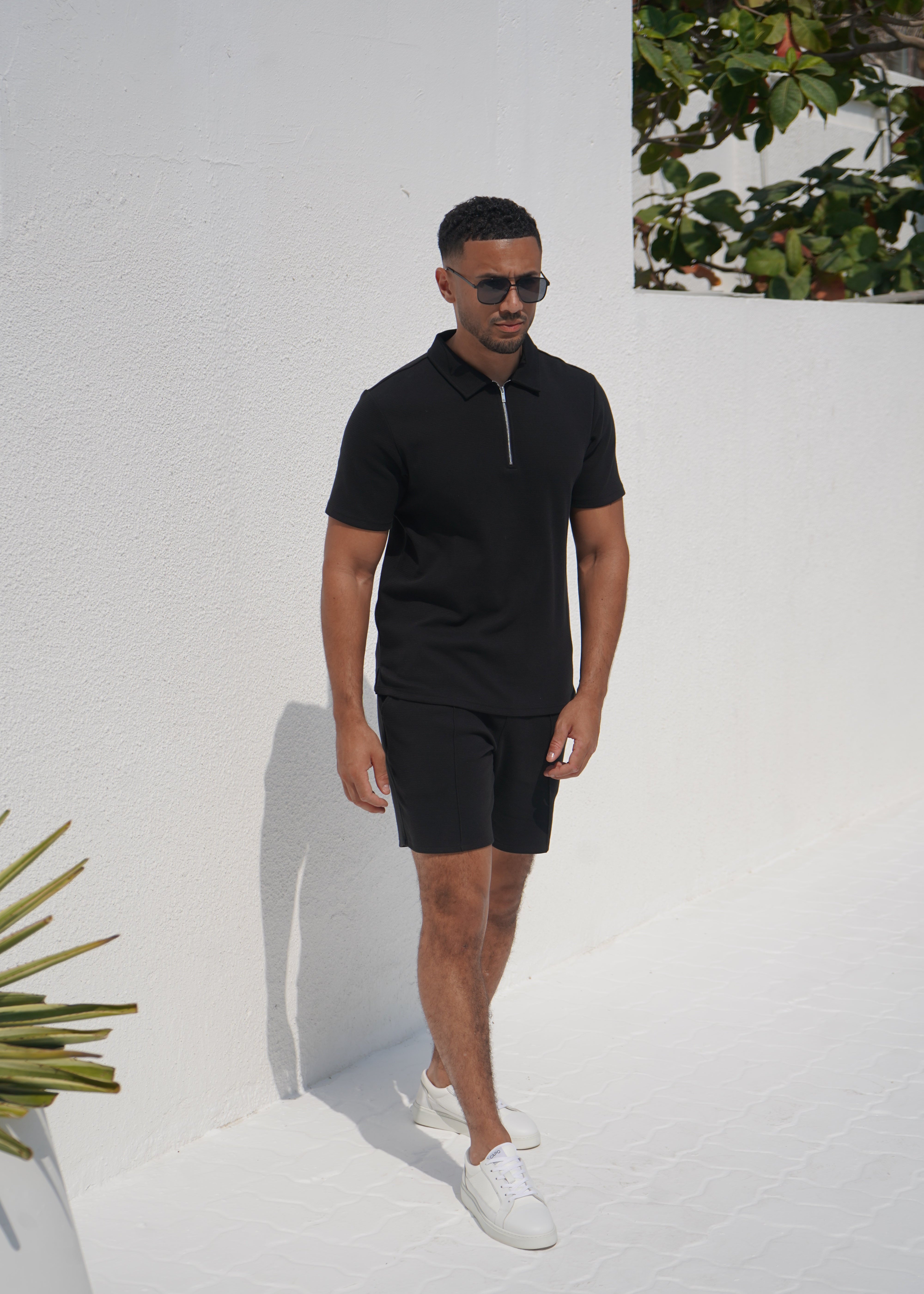 Capo Textured Zip Up Polo Shirt - Black