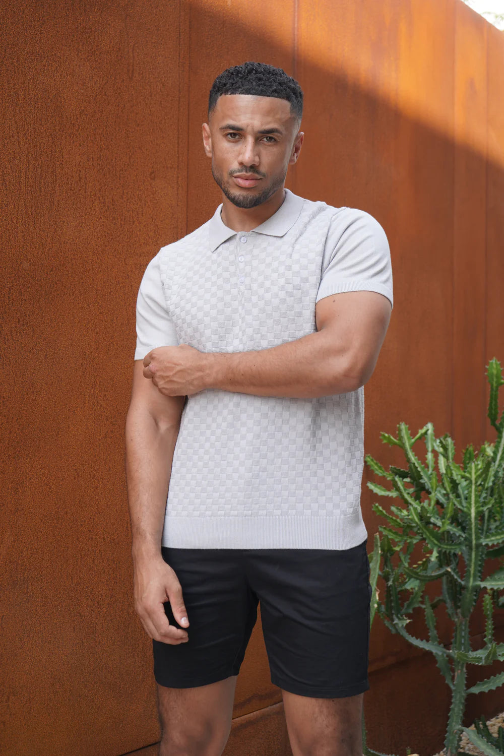 Capo Woven Panel Knit Polo Shirt - Light Grey