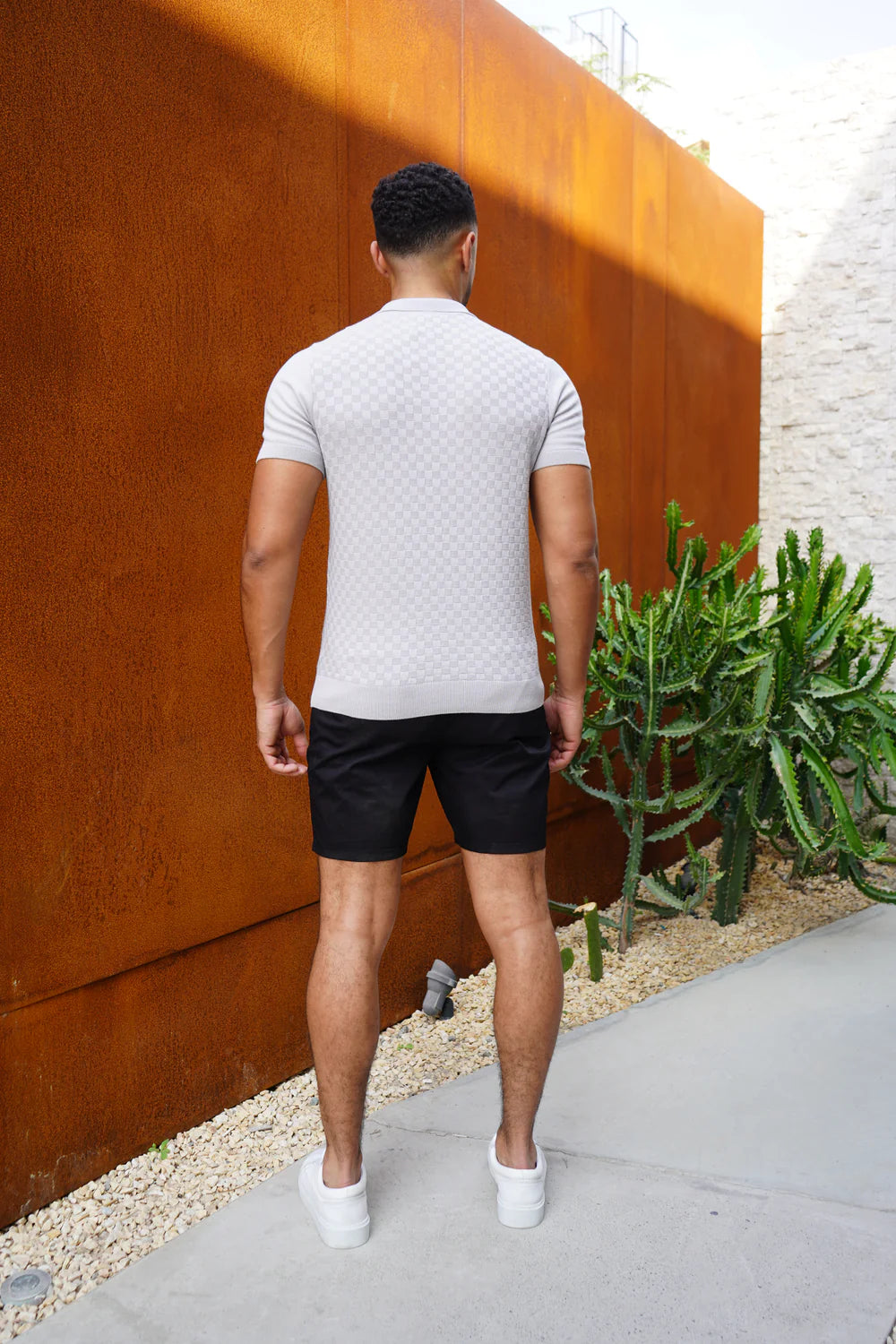 Capo Woven Panel Knit Polo Shirt - Light Grey