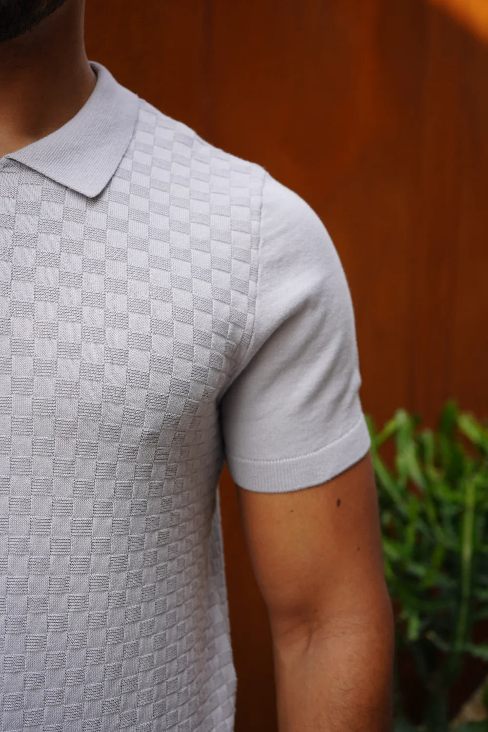 Capo Woven Panel Knit Polo Shirt - Light Grey