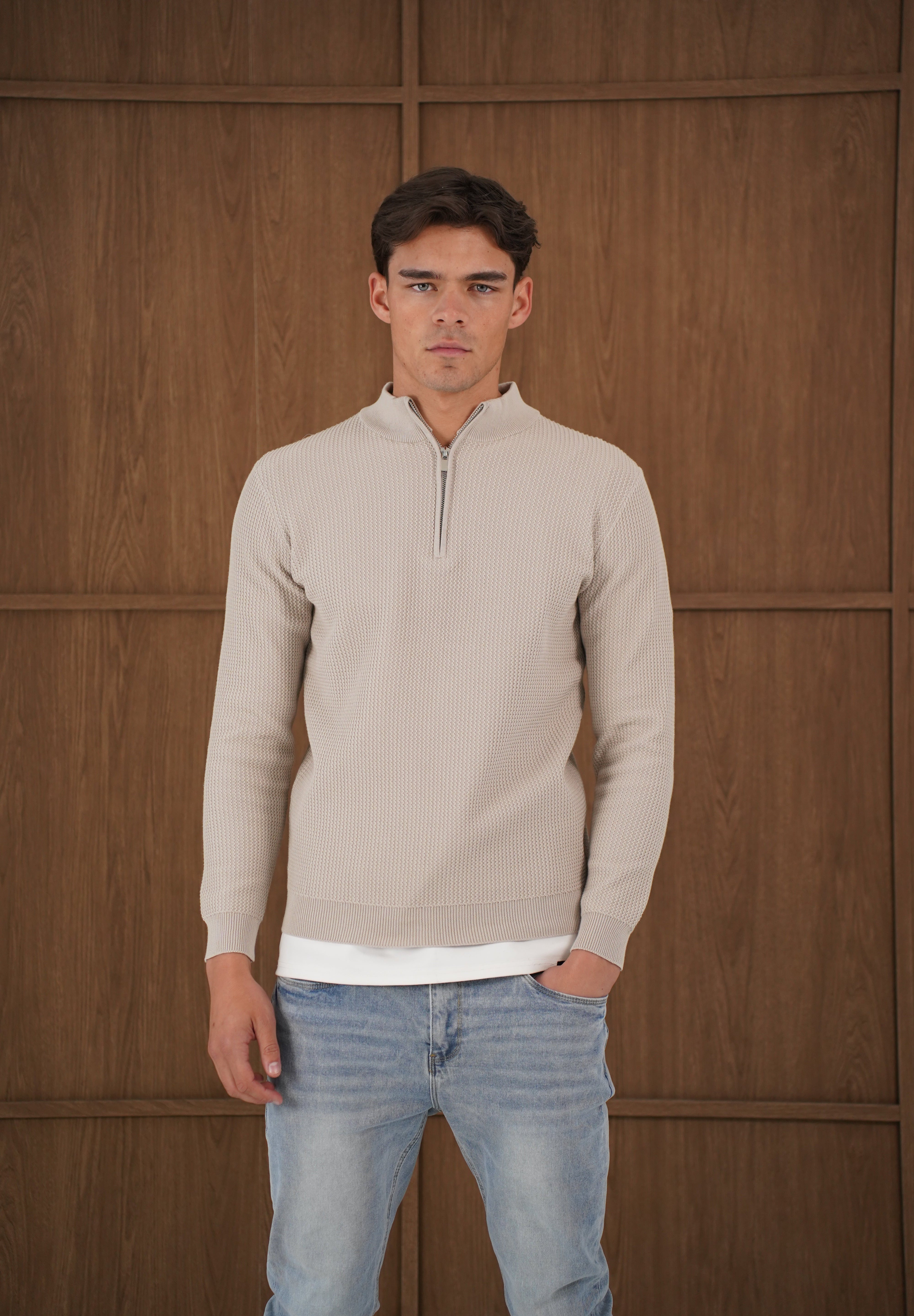 Capo TWIST Cotton 1/4 Zip Jumper - Stone