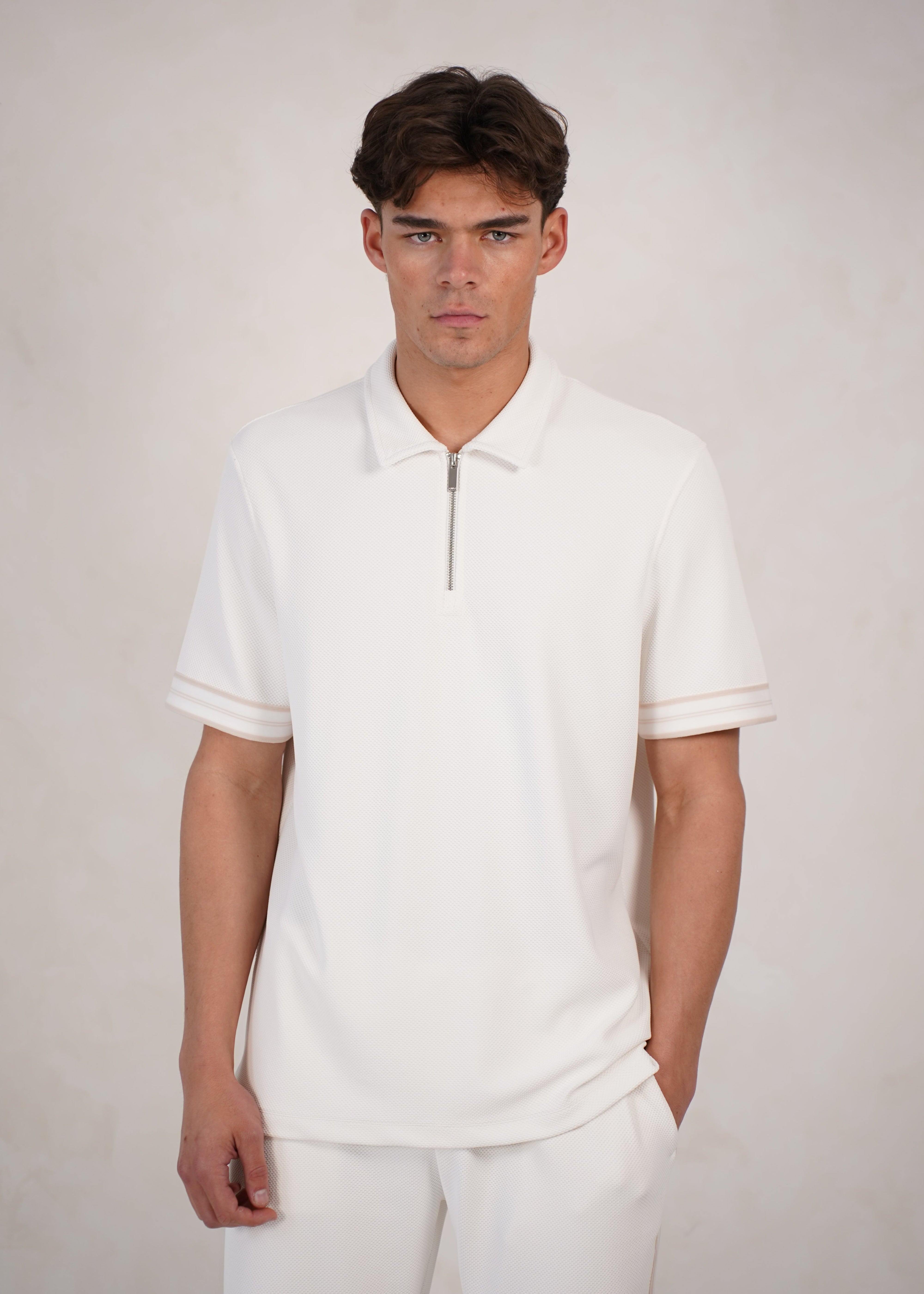 Capo Textured Tape Zip Polo Shirt - Off White