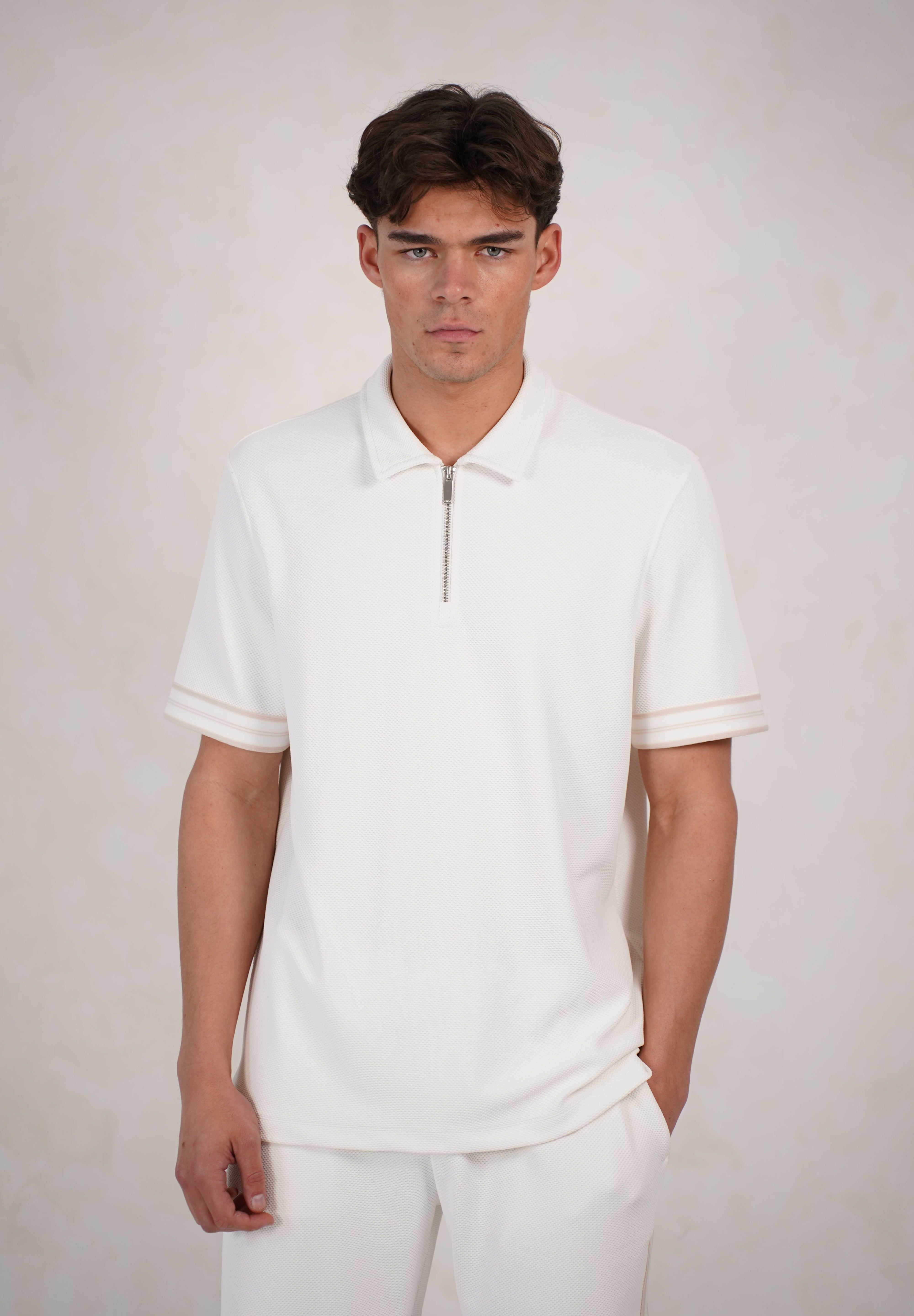 Capo Textured Tape Zip Polo Shirt - Off White