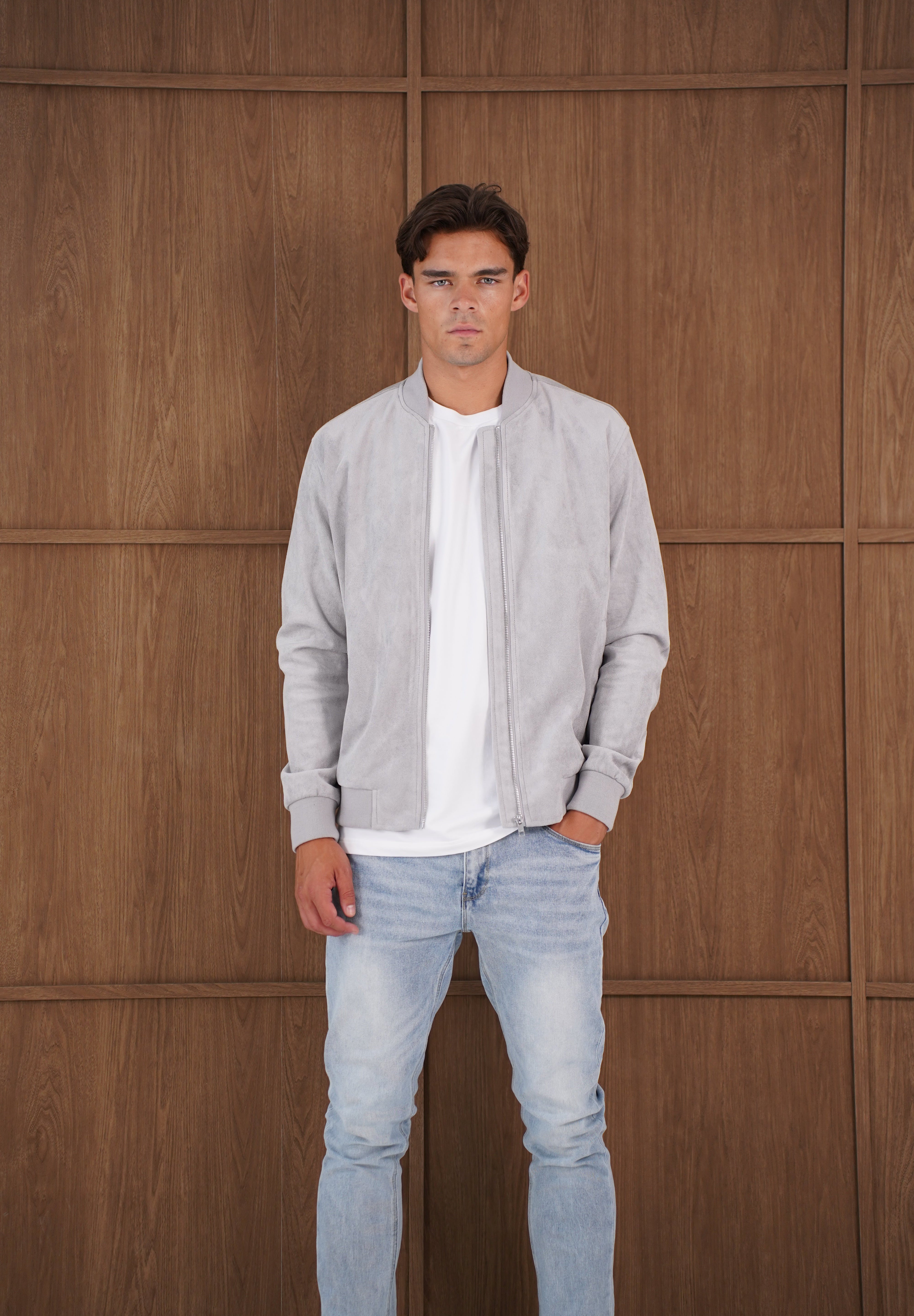 Capo Faux Suede Bomber Jacket - Grey