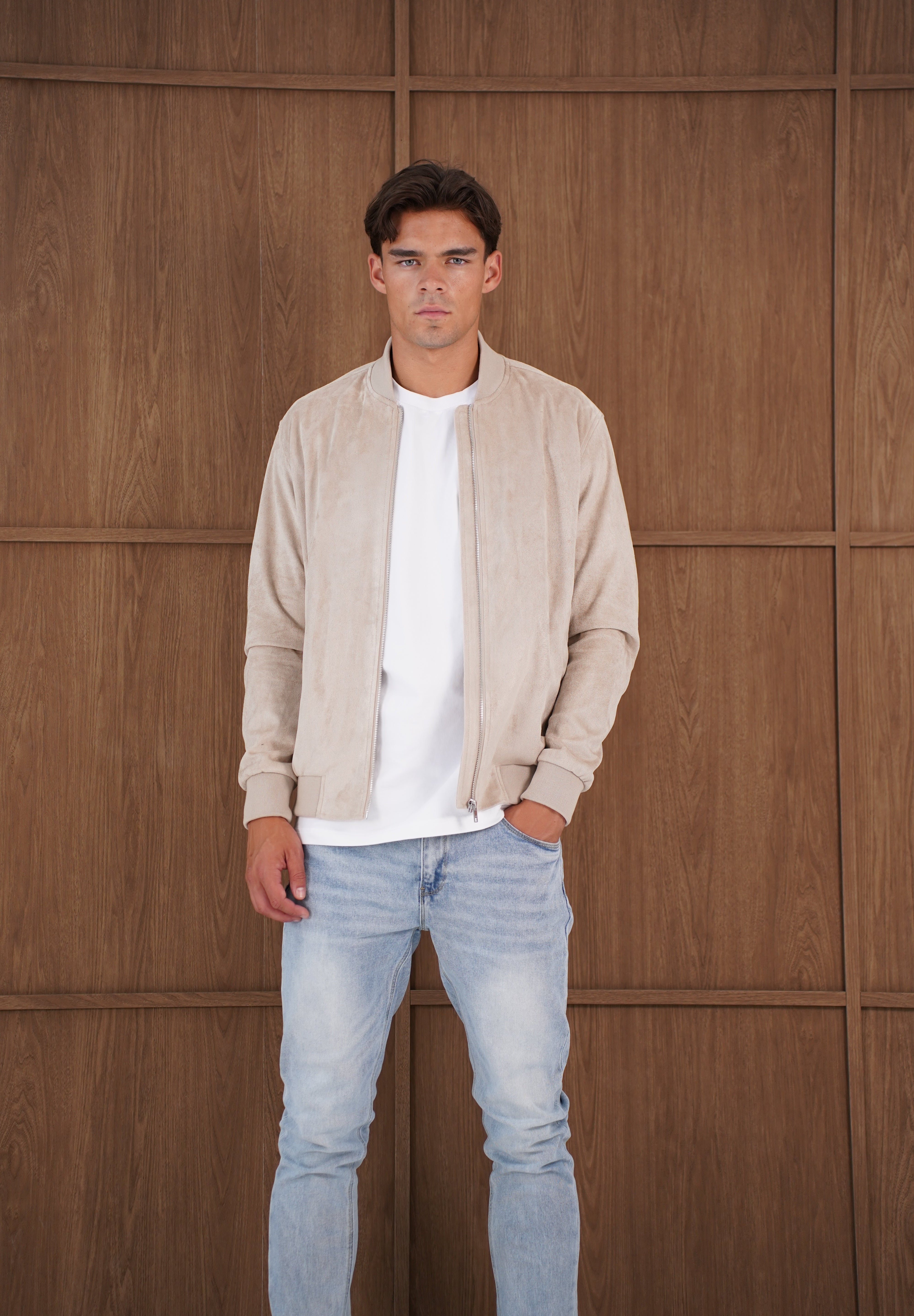 Capo Faux Suede Bomber Jacket - Stone