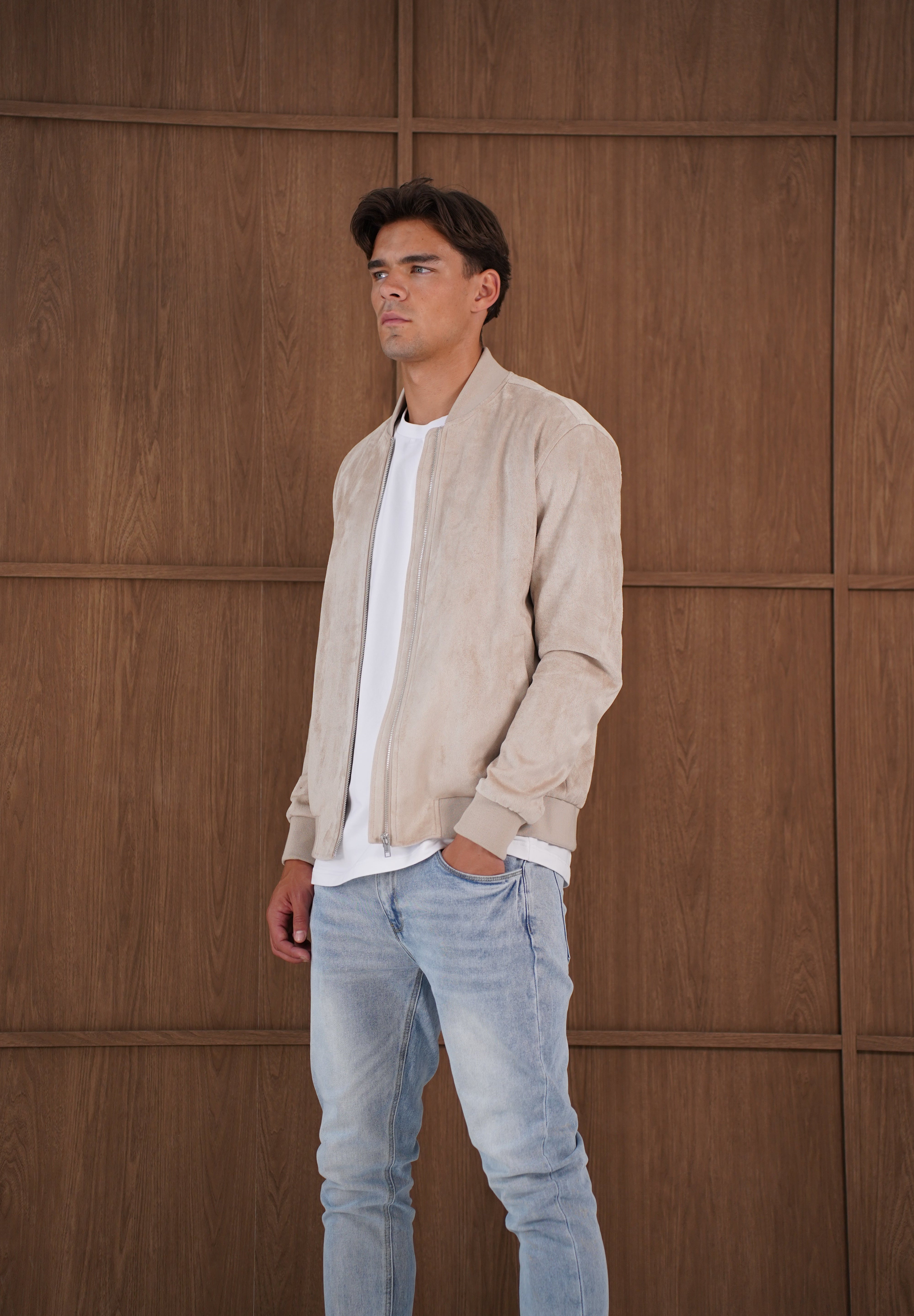 Capo Faux Suede Bomber Jacket - Stone