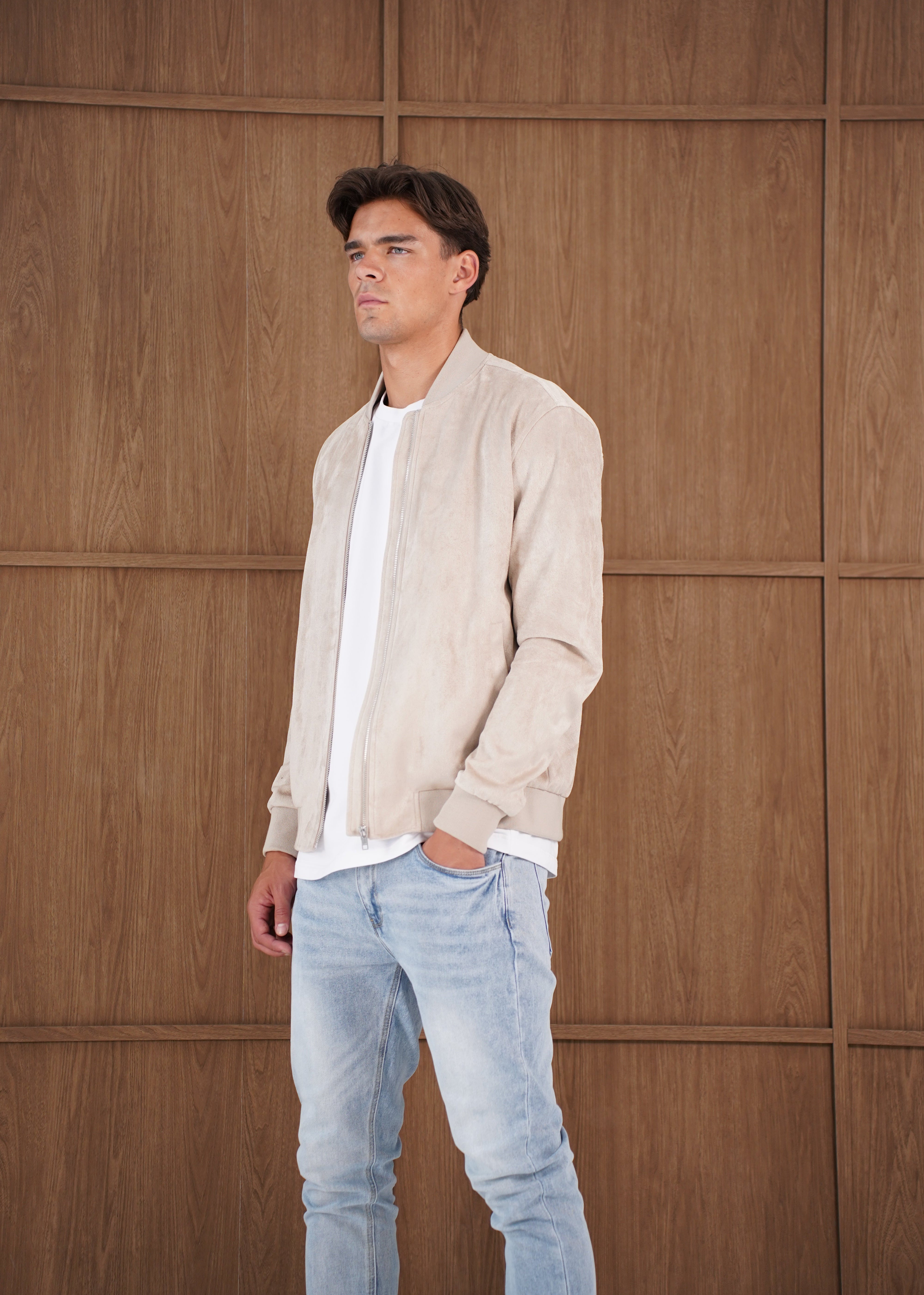 Capo Faux Suede Bomber Jacket - Stone