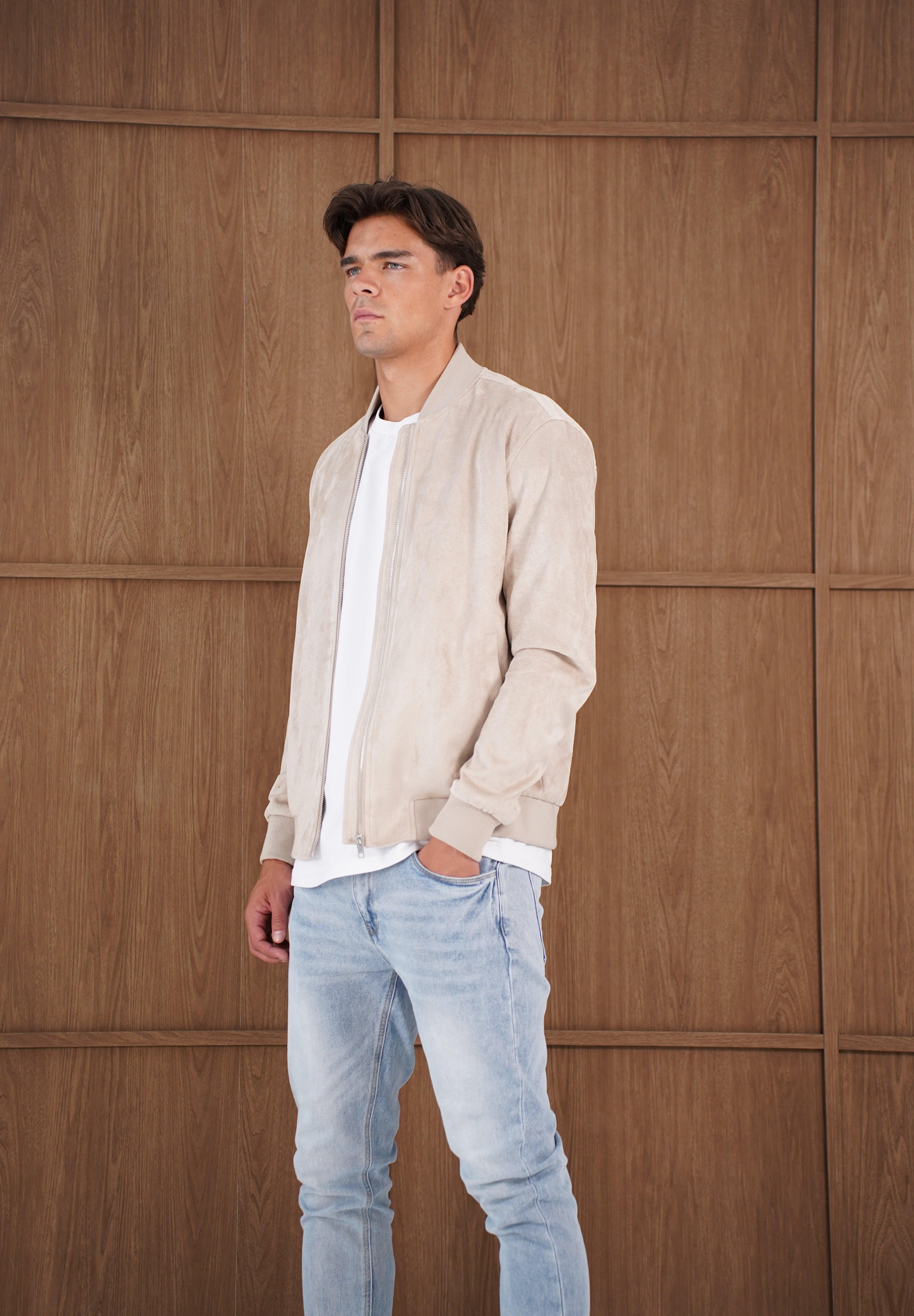 Capo Faux Suede Bomber Jacket - Stone
